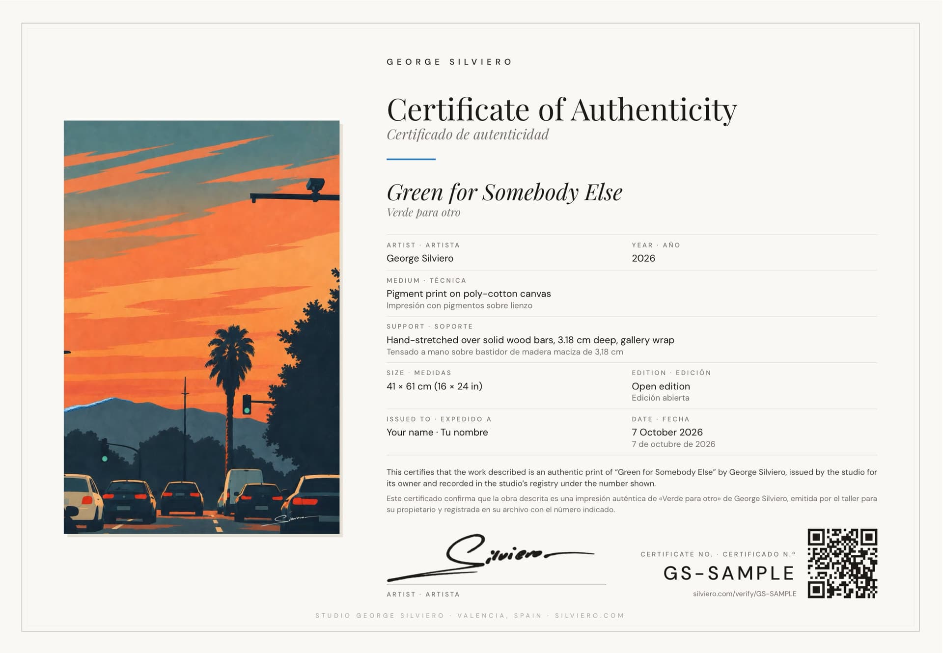 Sample certificate of authenticity for “Green for Somebody Else” by George Silviero, number GS-SAMPLE
