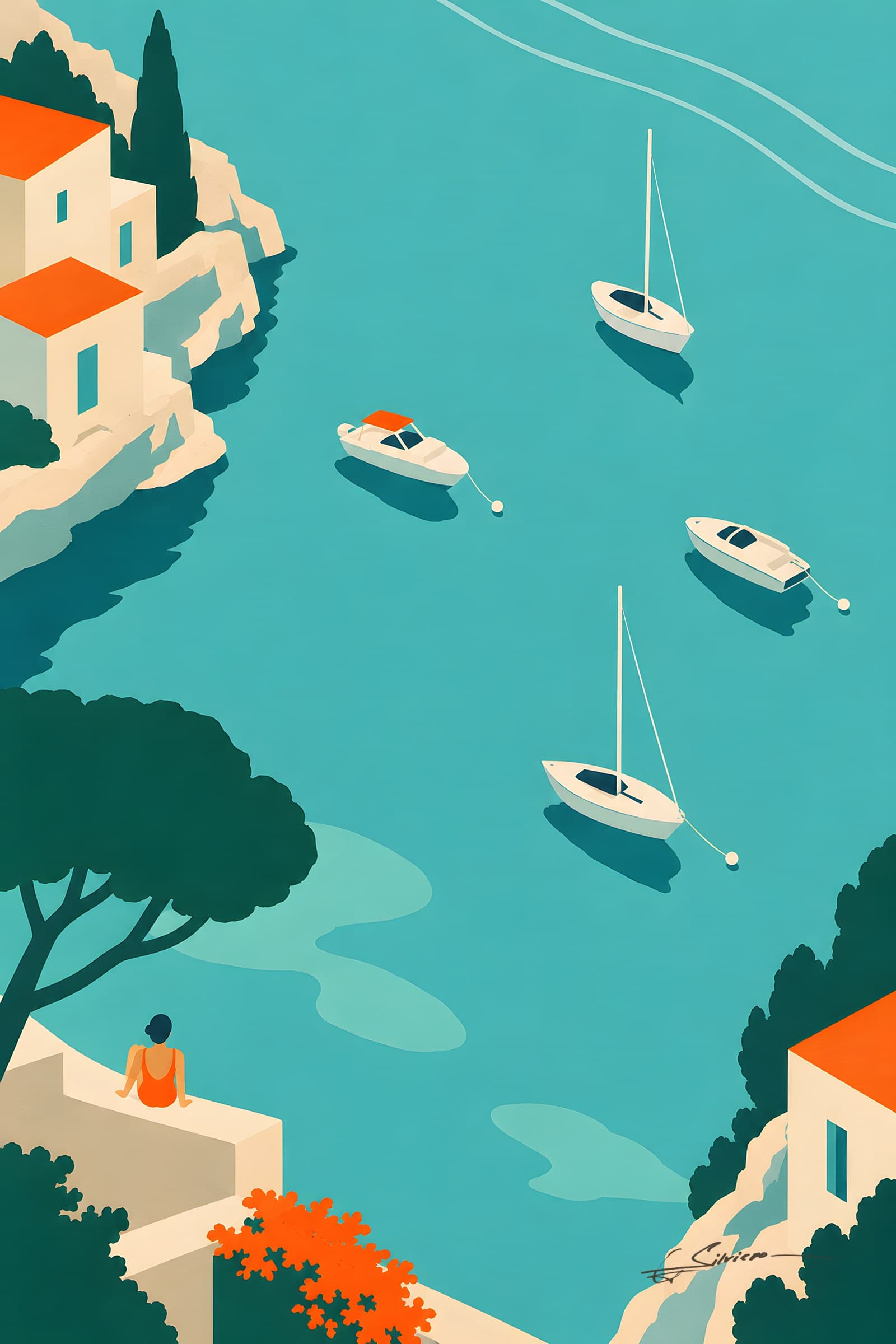 A flat painting of a turquoise bay seen from above with small white motorboats and sailboats at anchor, a white house with a terrace and pines at the edge