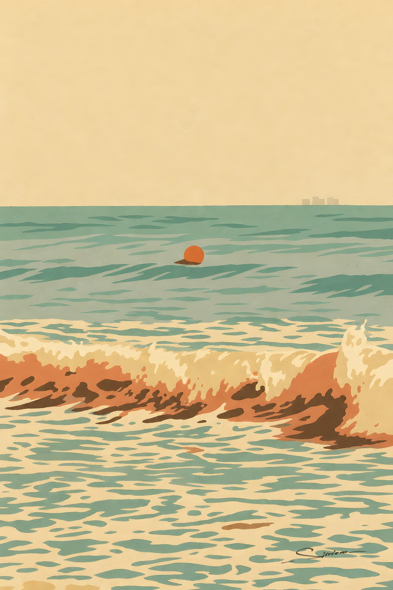 A flat painting of a calm sea with one orange buoy on the water, towers on the horizon and a wave breaking in the foreground
