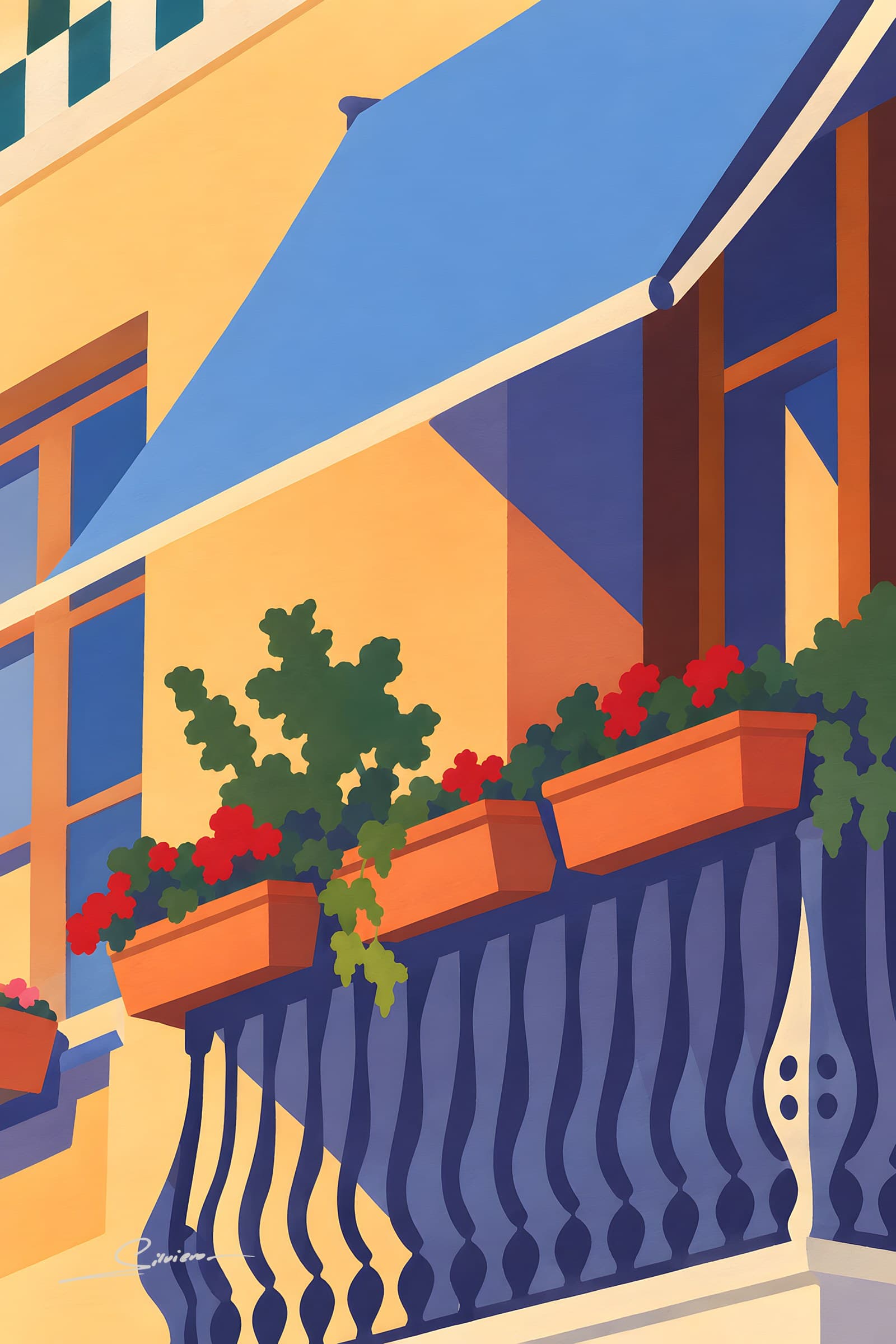 A flat painting of a cream façade with a blue striped awning lowered over a wrought-iron balcony full of red geraniums in terracotta boxes