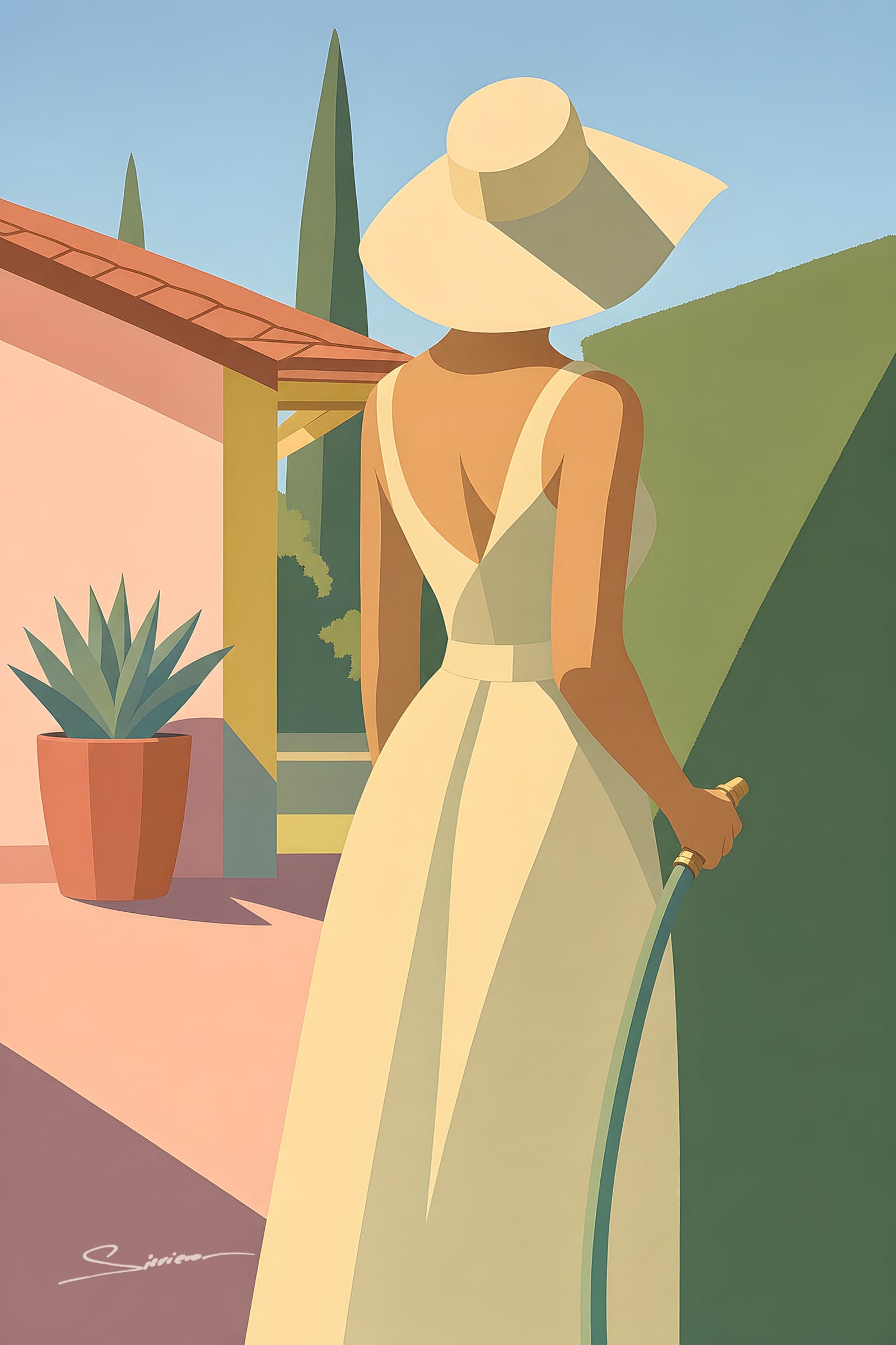 A woman in a wide-brimmed hat and a long cream dress watering potted agaves on a sunny terrace