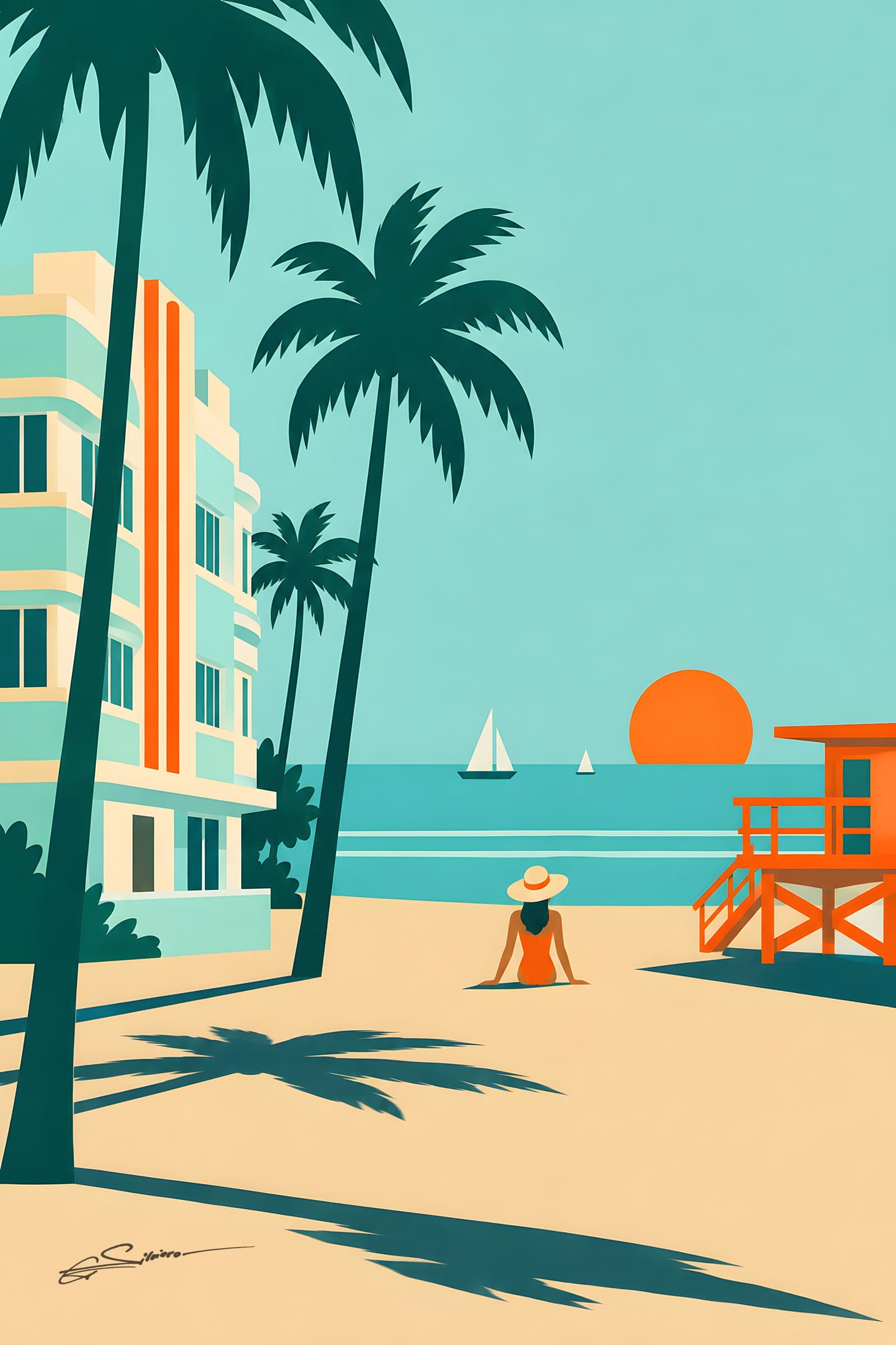 A flat painting of Miami Beach at sunrise in mint and turquoise, an art deco hotel, palm trees, an orange lifeguard tower and a woman sitting on the sand facing the sun
