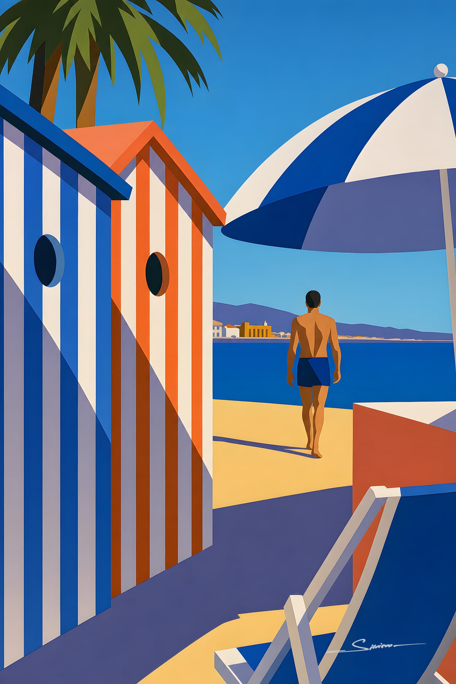 Striped beach cabins and a blue umbrella, a man walking down to the sea