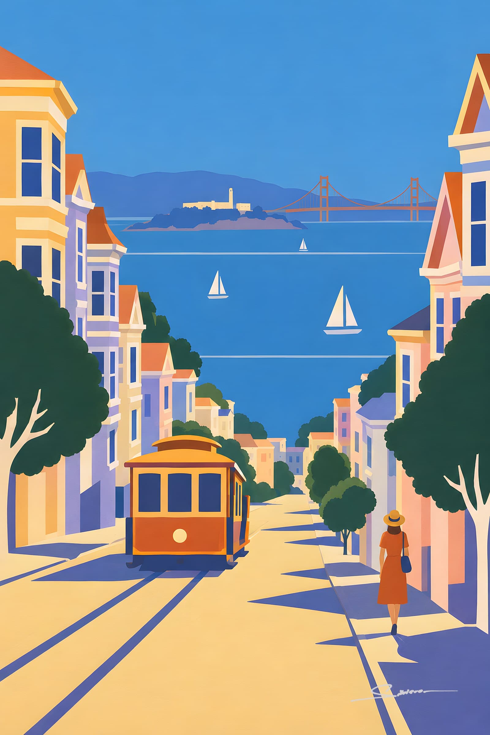 A flat painting of a steep San Francisco street with pastel Victorian houses, a cable car and a woman walking down towards the blue bay with sailboats
