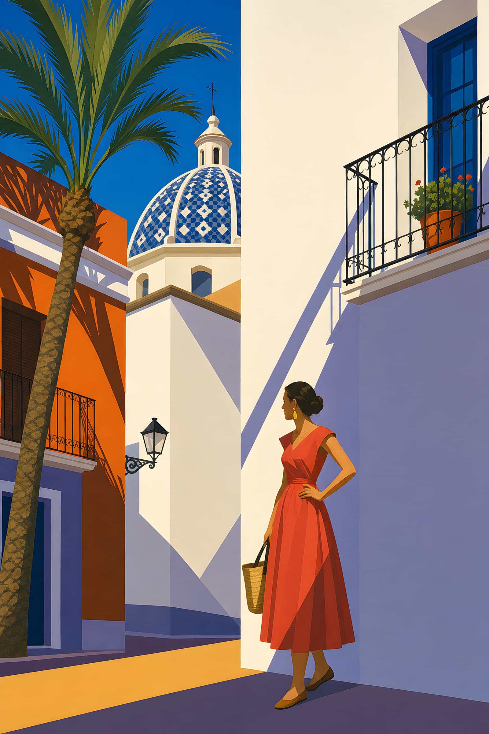 A woman in a red dress with a basket in a white street below a blue-tiled dome