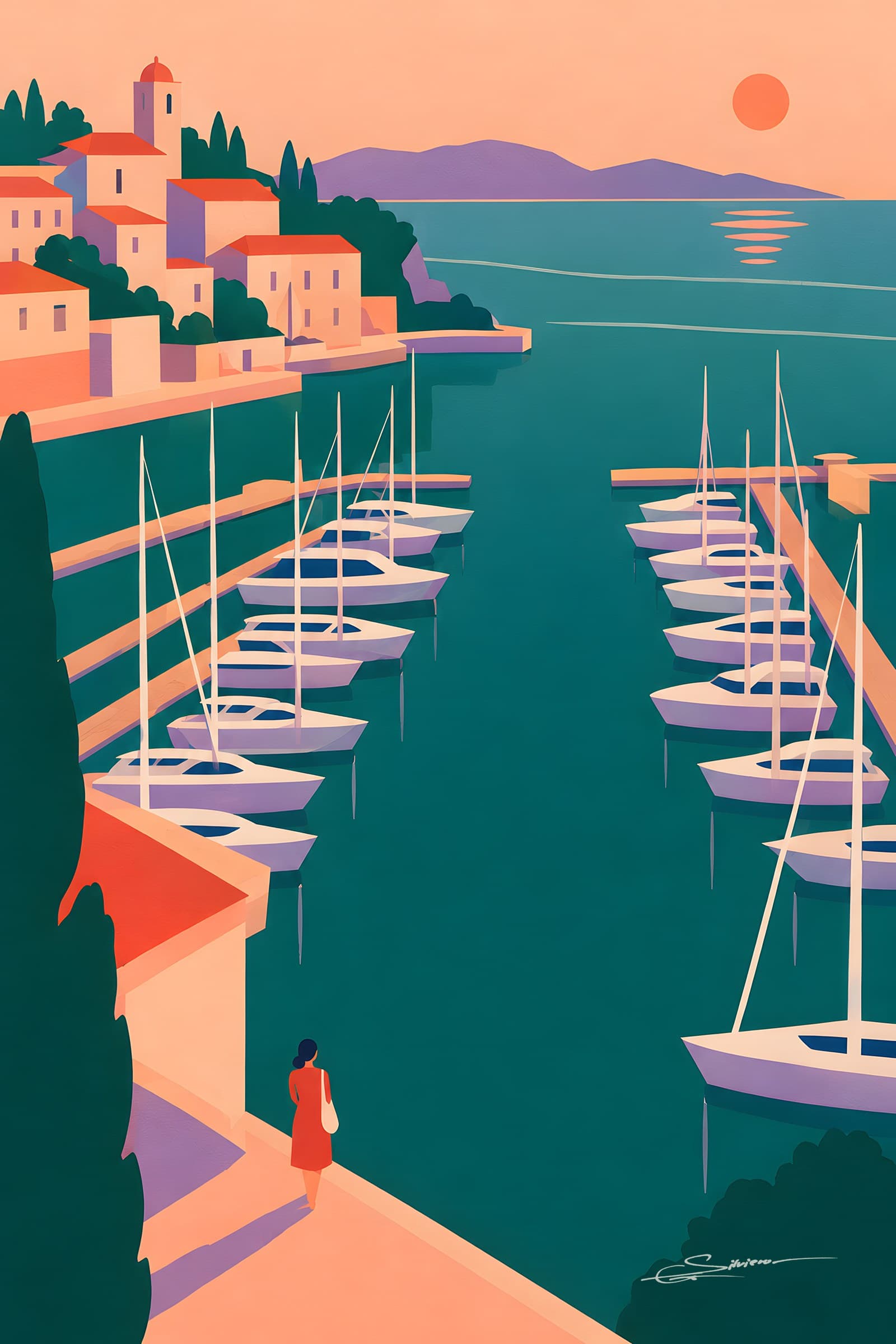 A flat painting of a marina seen from above in teal and peach, rows of white sailboats at long pontoons, a pink town on the hill and a woman walking on the promenade