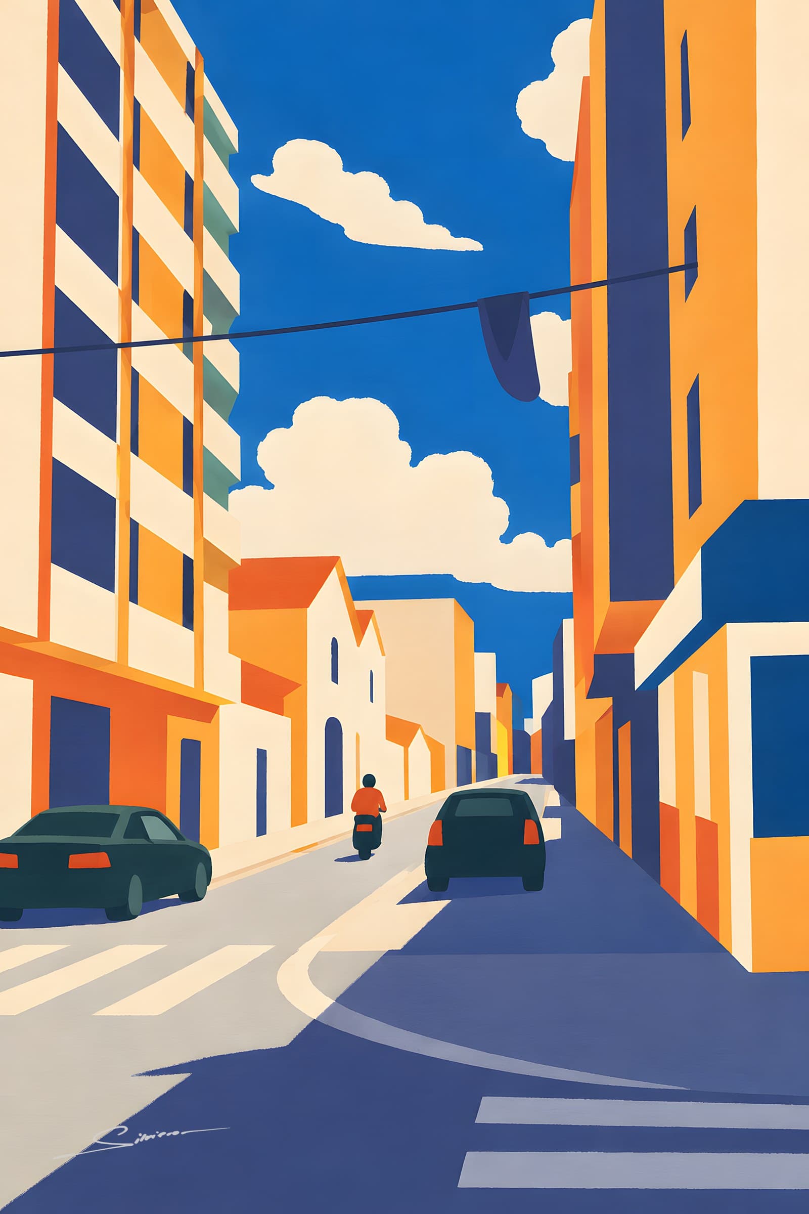 A flat painting of a sunny city street between tall cream and blue apartment blocks, parked cars, a scooter and a zebra crossing under white clouds