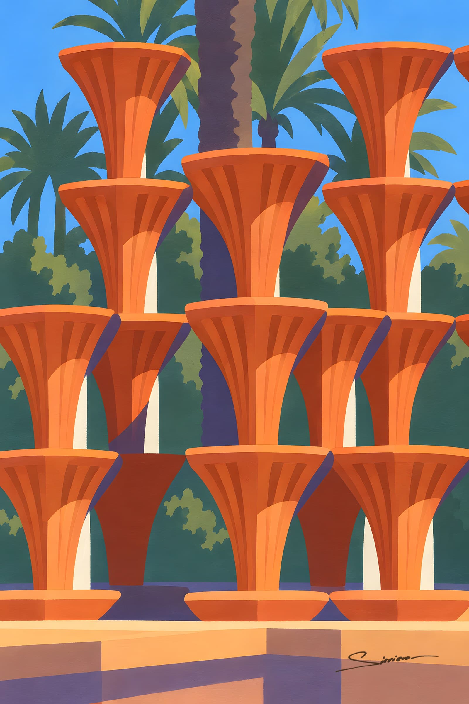 A flat painting of a tall sculpture of stacked terracotta funnels among palm trees under a blue sky, warm shadows on the paving