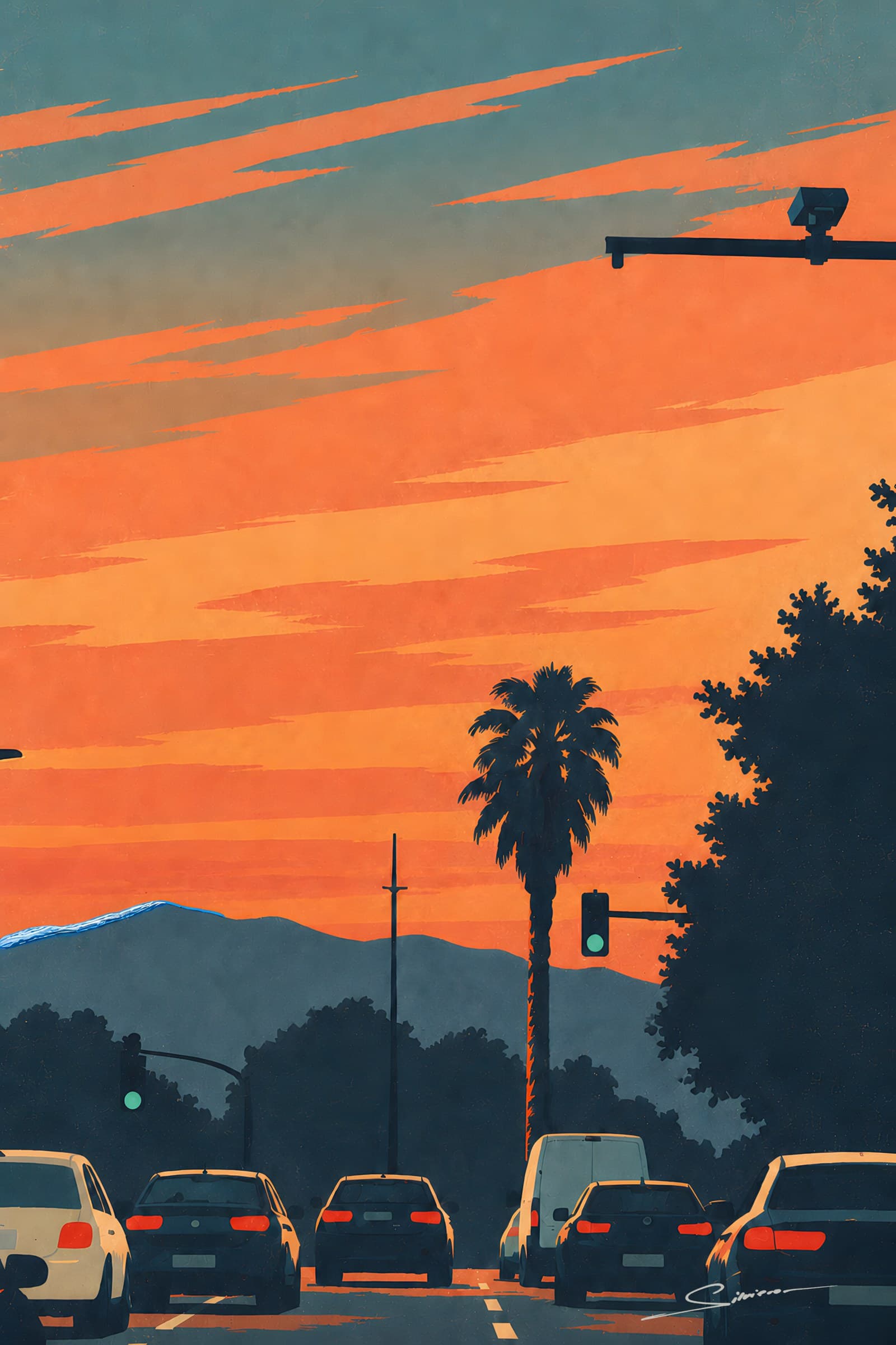 Evening traffic on a palm-lined avenue under an orange sunset sky, mountains in the distance