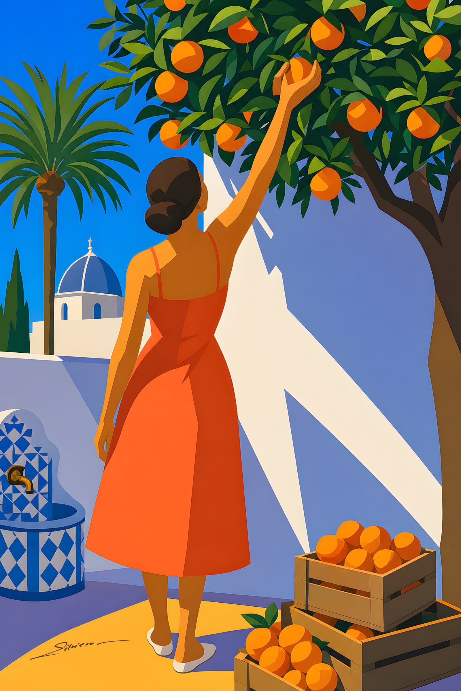 A woman in an orange dress picking oranges beside crates of fruit and a tiled fountain