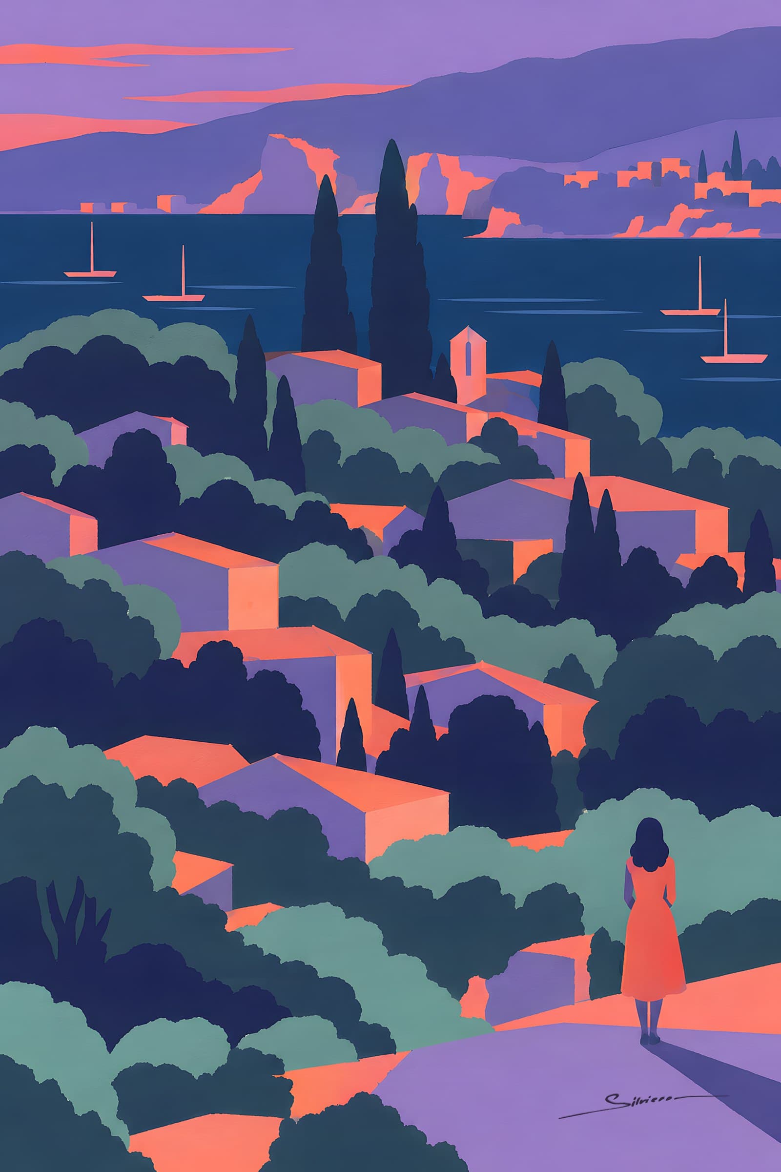 A flat painting of a hillside village at dusk above a deep blue bay with small sailboats, lavender sky and mountains, a woman in a coral dress standing on a terrace