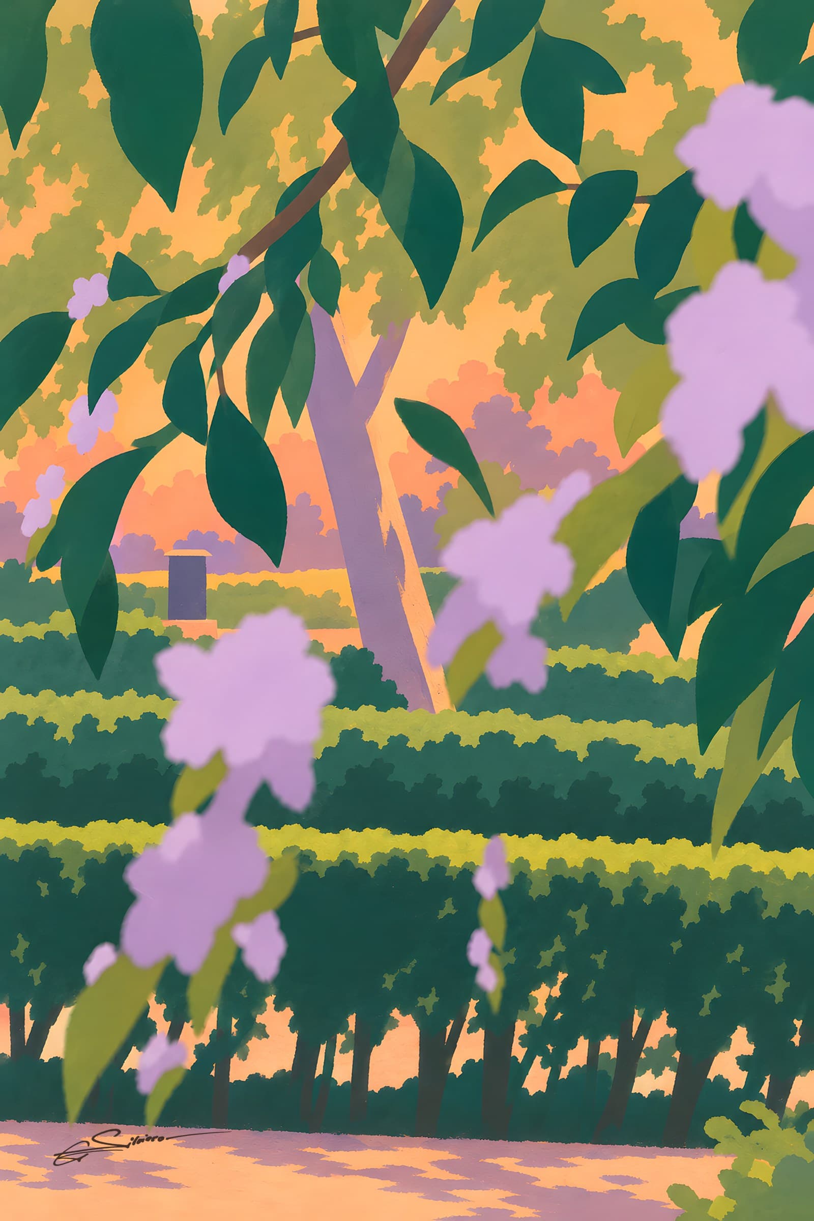 A flat painting of lilac blossoms hanging from a leafy branch in front of clipped hedges and a warm orange garden in morning light