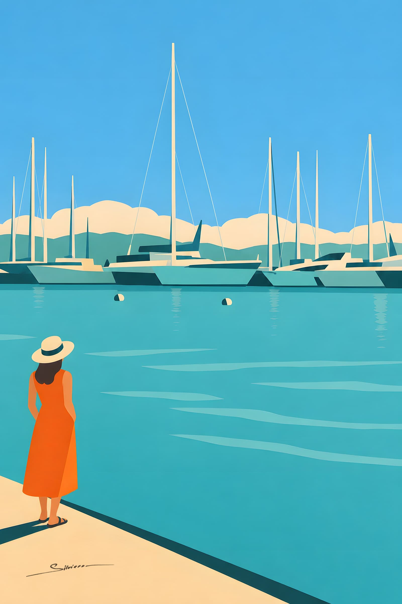 A flat painting of a marina with white yachts and tall masts on turquoise water, a woman in an orange dress and a straw hat standing on the quay