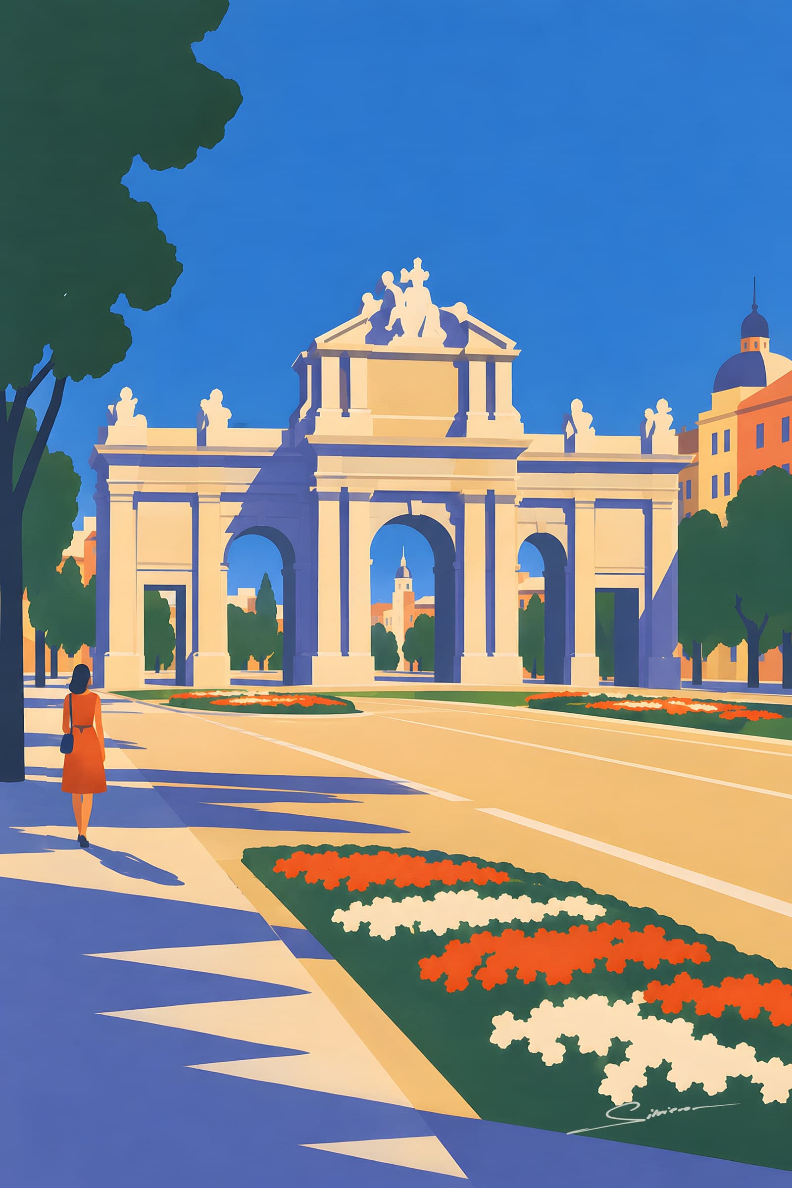 A flat painting of the Puerta de Alcalá in Madrid in clear morning light, flower beds in red and white, trees and a woman walking along the avenue