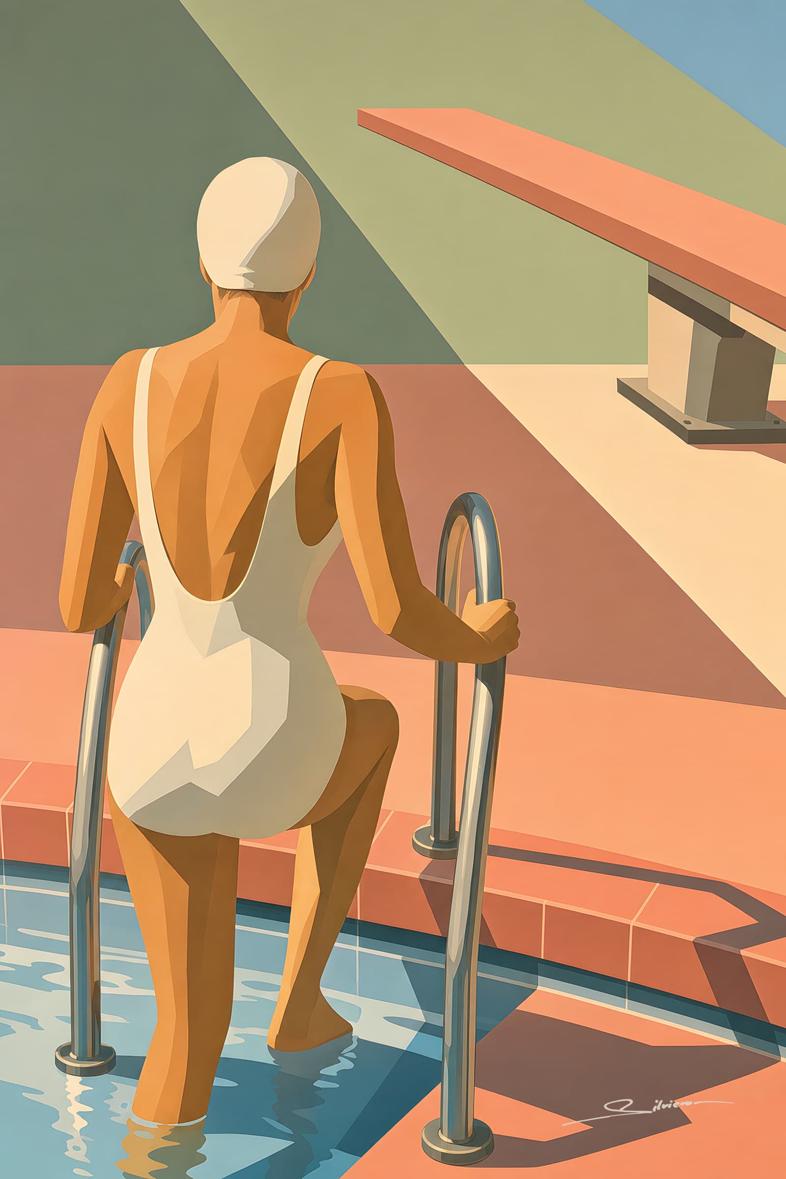 A swimmer in a white swimsuit and cap climbing down a chrome pool ladder
