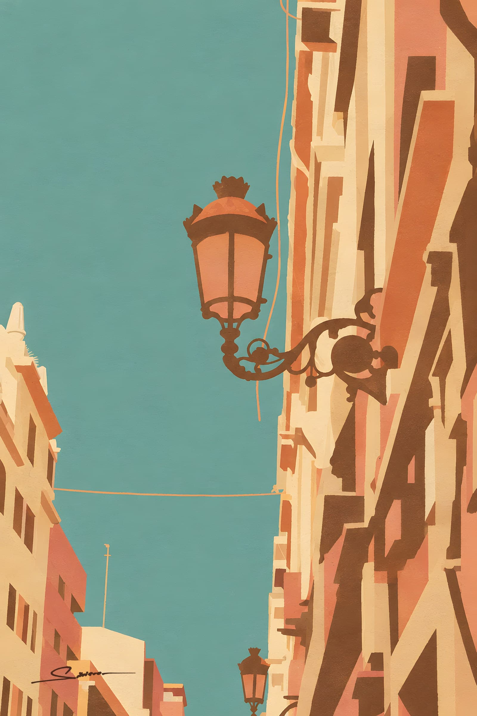 A flat painting of an ornate street lamp on a wrought-iron bracket against a green sky, between warm terracotta and cream façades