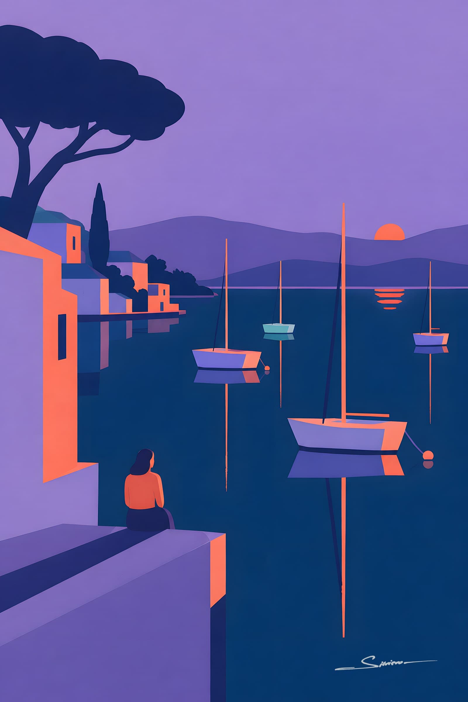 A flat painting of sailboats anchored in a violet bay at dusk, a low sun, pink and lilac houses and a woman sitting on a wall looking at the water