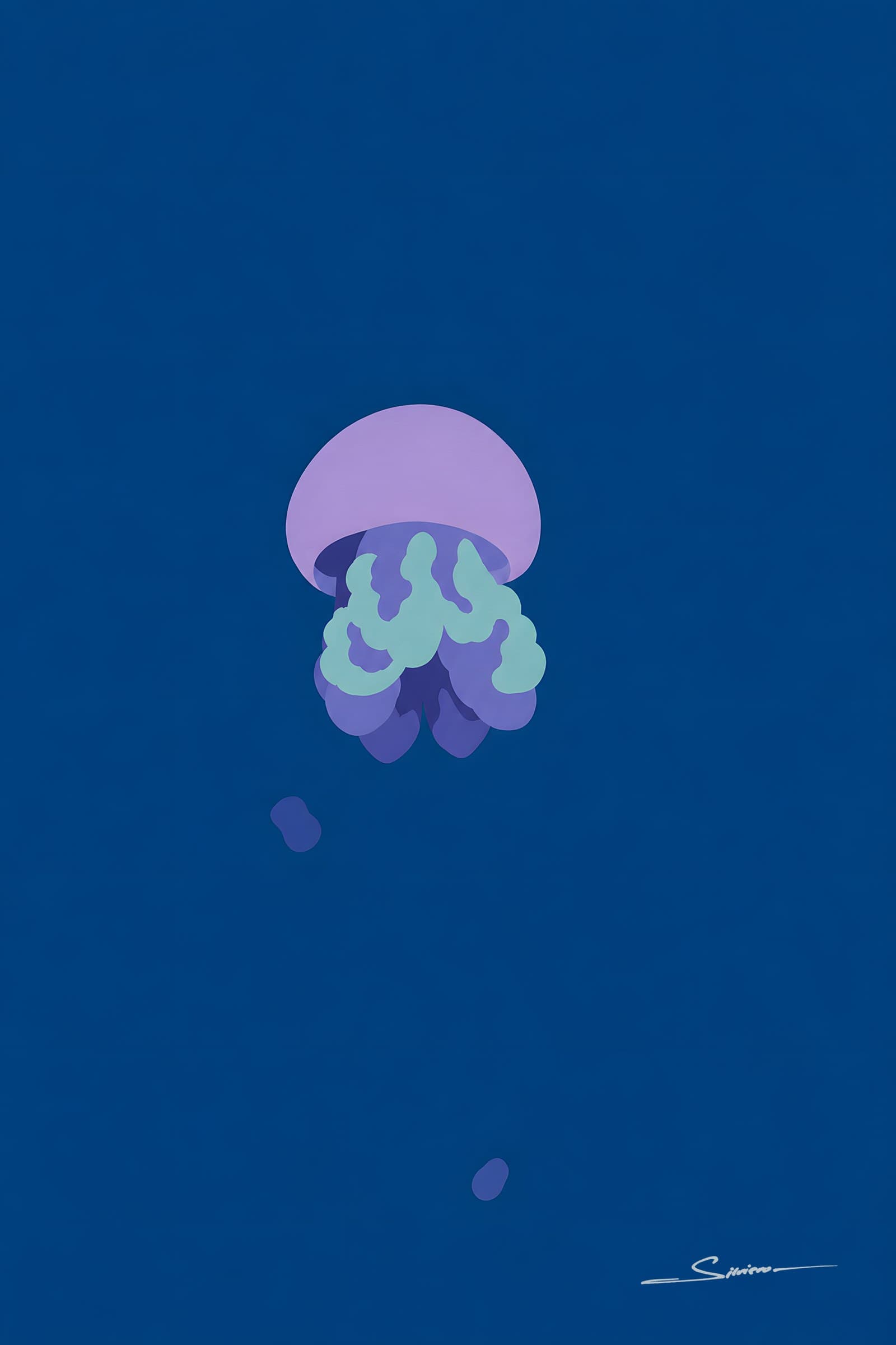 A flat painting of a single lilac jellyfish drifting in deep blue water, two small drifting shapes below it
