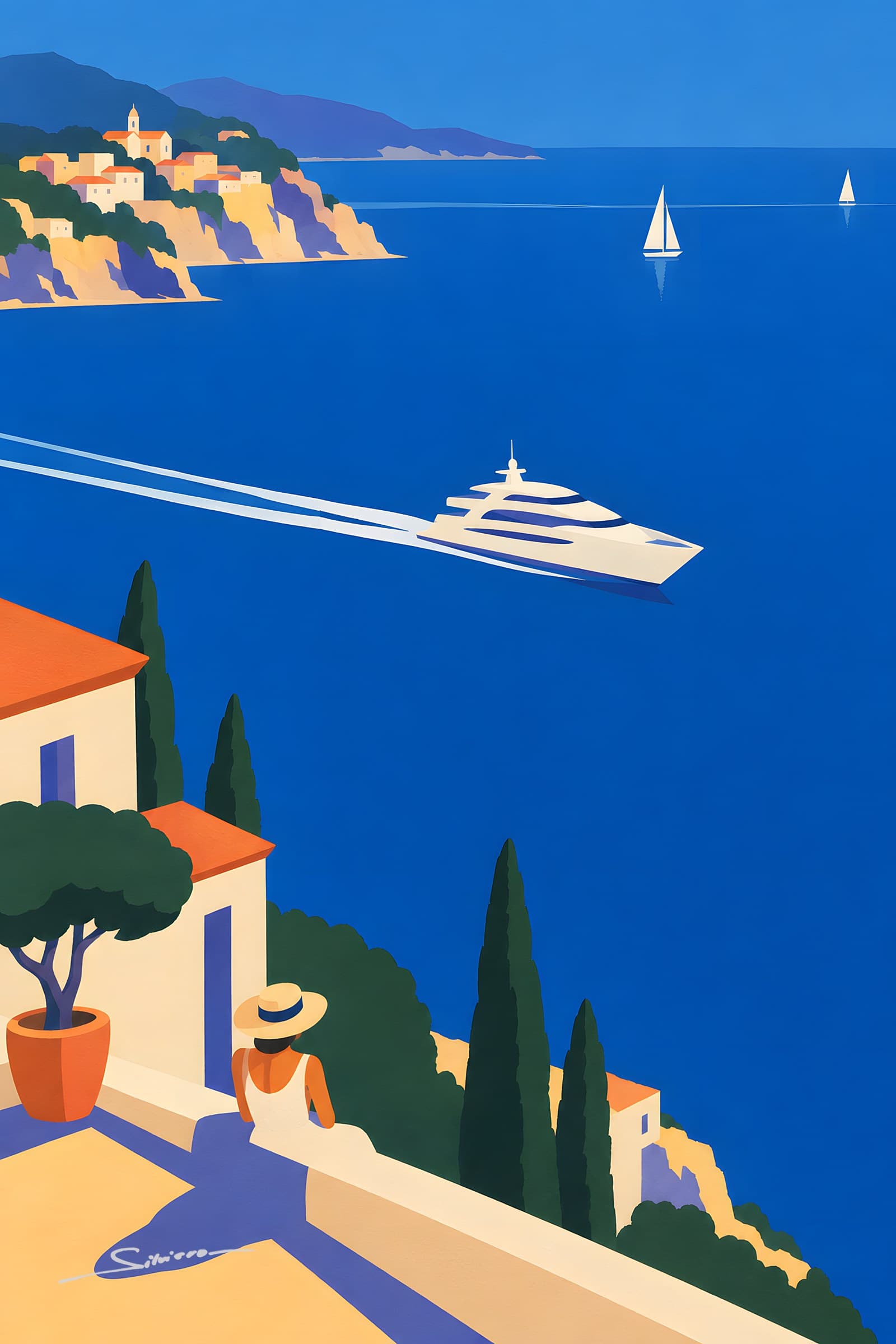 A flat painting of a white motor yacht crossing a deep blue sea, a coastline with a white village, cypresses and a woman in a sun hat watching from a terrace