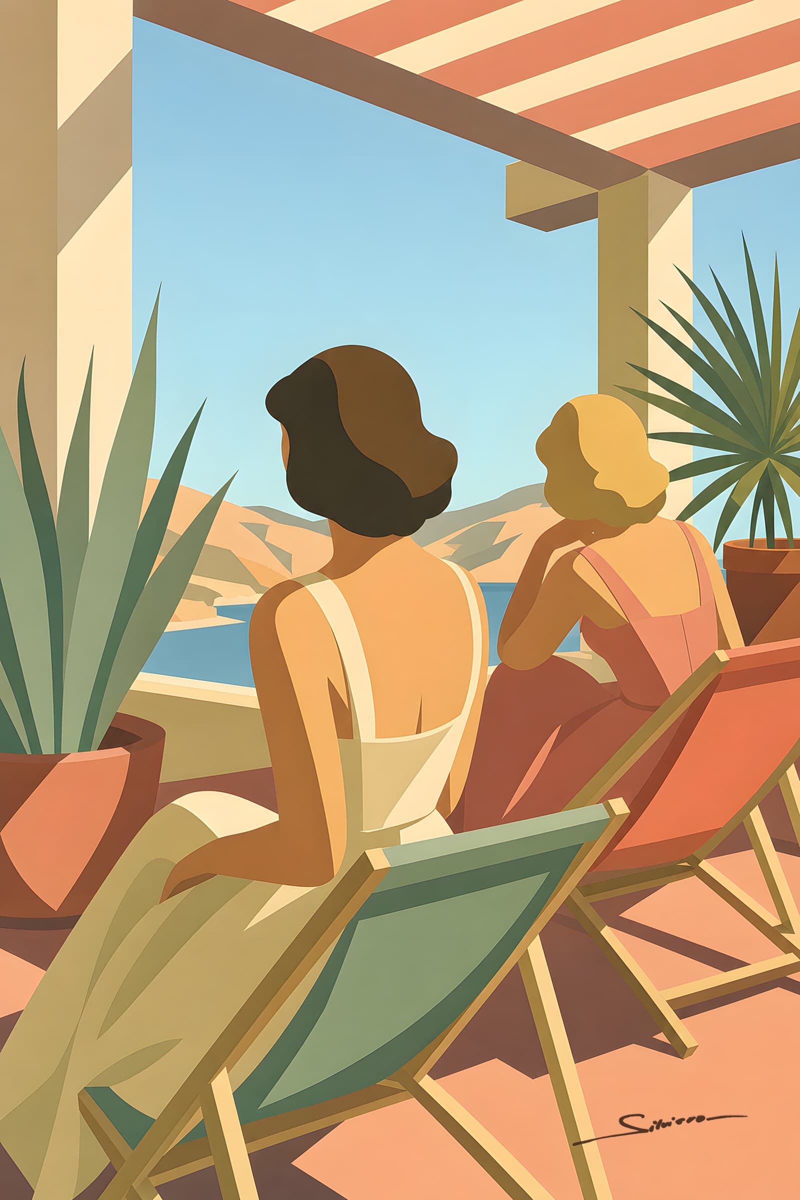 Two women in deckchairs under a striped pergola, looking out at the sea