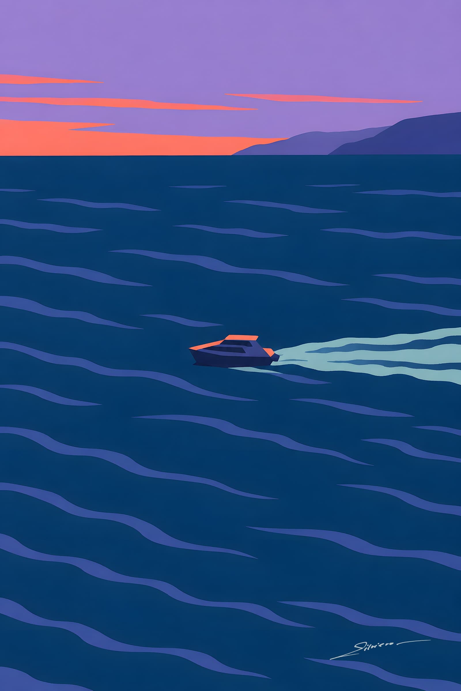 A flat painting of a small boat crossing a deep navy sea at dusk, leaving a pale wake, under a lavender sky with coral streaks and a far headland
