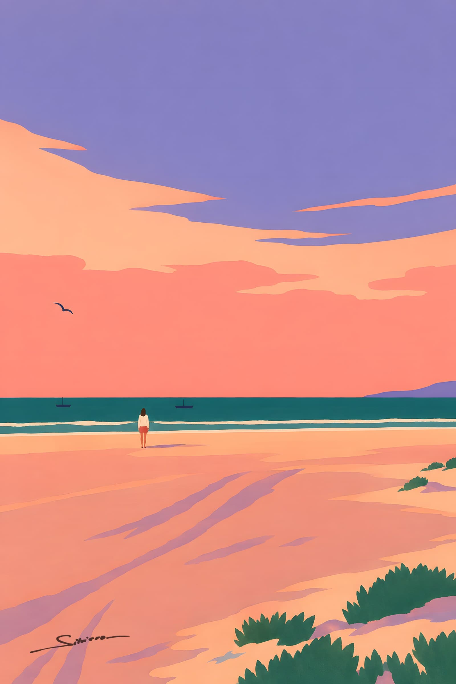 A flat painting of a wide pink beach under a lilac and coral sky, a single figure at the water and one gull in the air, tufts of green at the dune edge