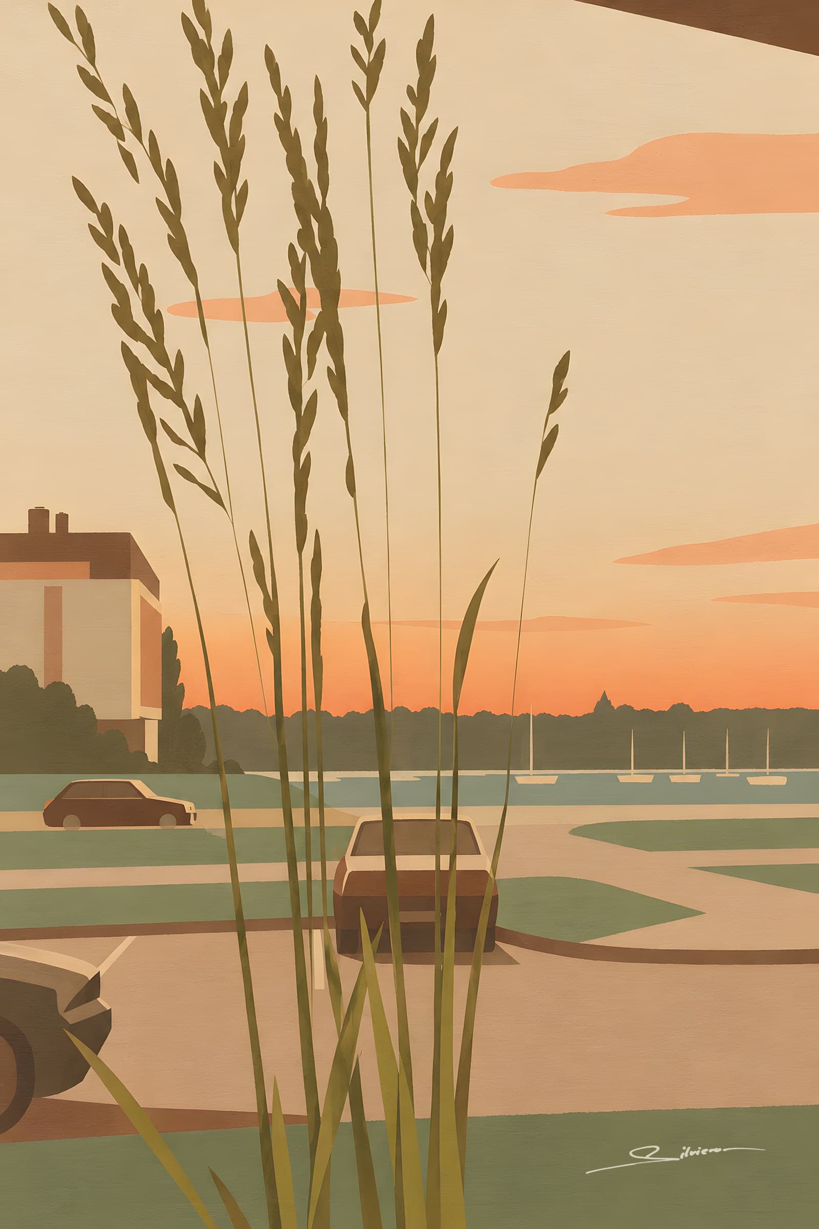 A flat painting of tall dry grasses in front of a seafront car park at sunset, two parked cars, low apartment blocks and a peach sky