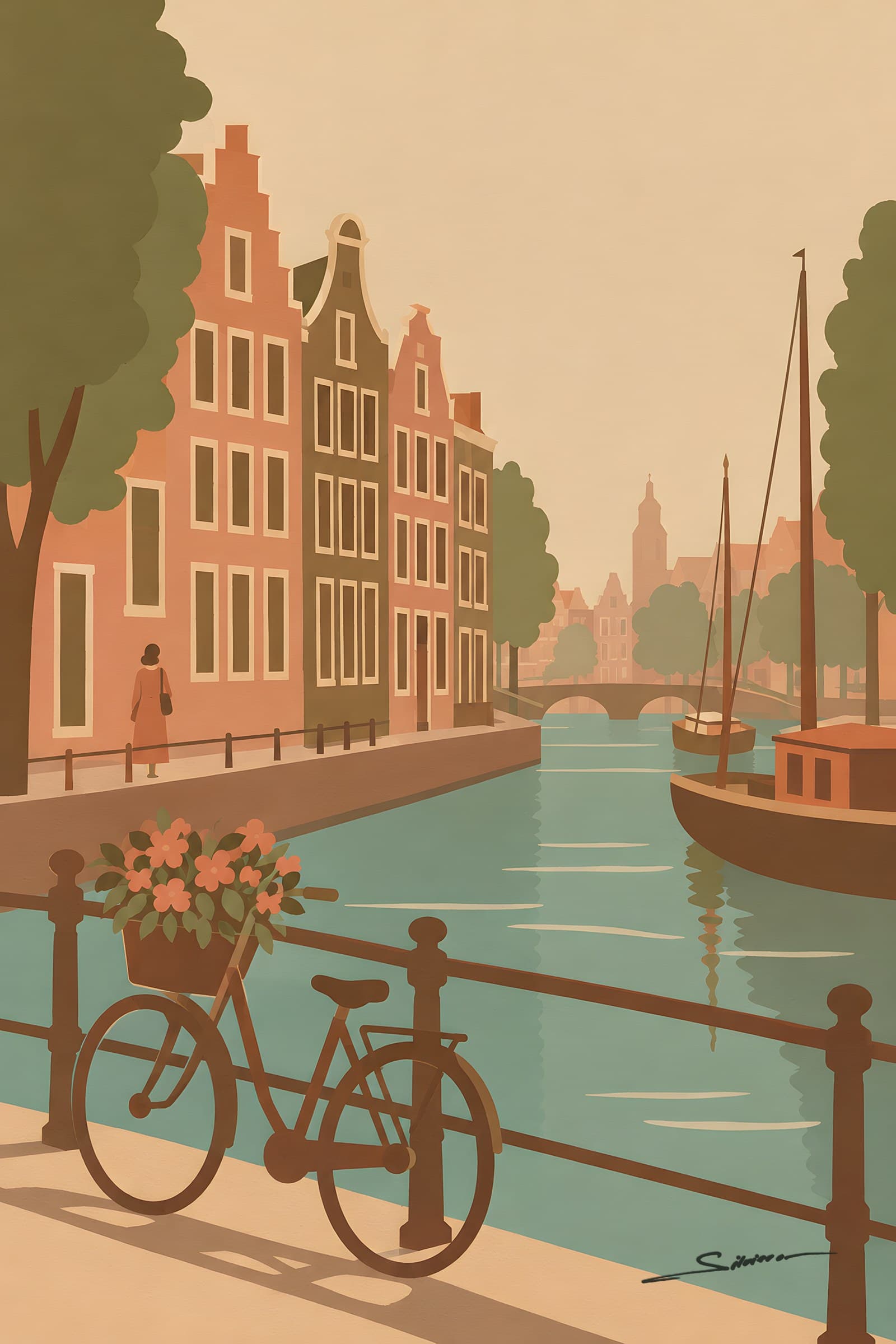 A flat painting in muted cream and sage of Amsterdam canal houses with gabled fronts, a bicycle with a basket of flowers against an iron railing and a boat on the canal