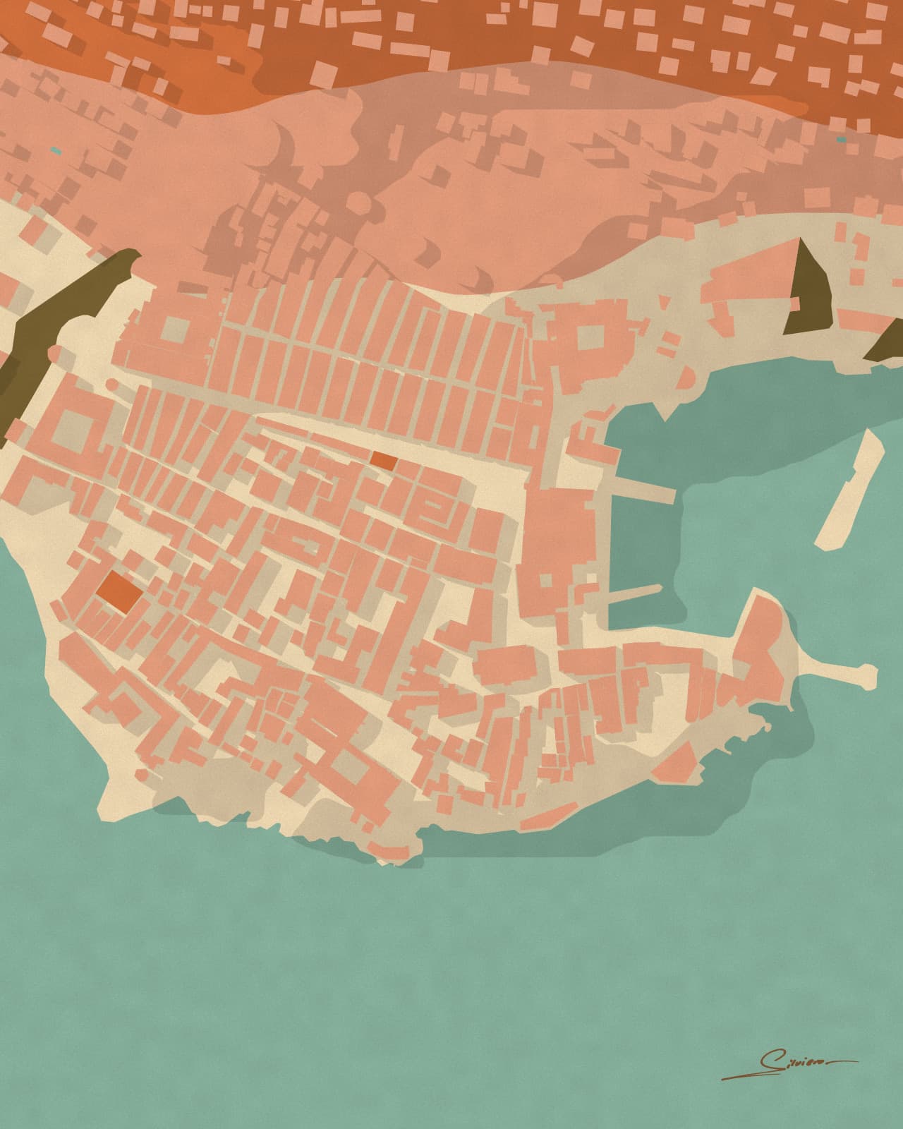 The walled old town of Dubrovnik on the sea, terracotta roofs on sage water