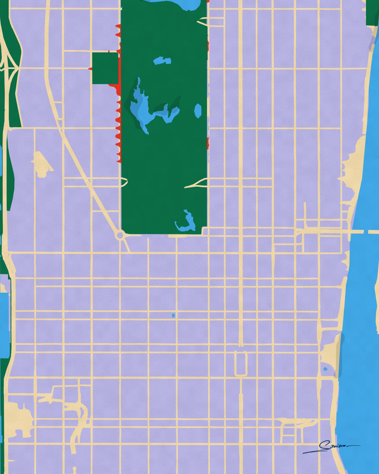 Manhattan’s street grid in lavender with Central Park in green
