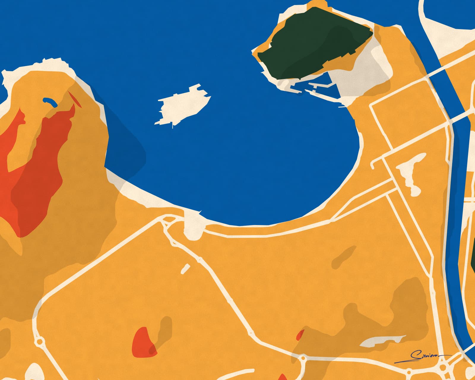 The shell-shaped bay of La Concha in San Sebastián, cobalt water and mustard streets