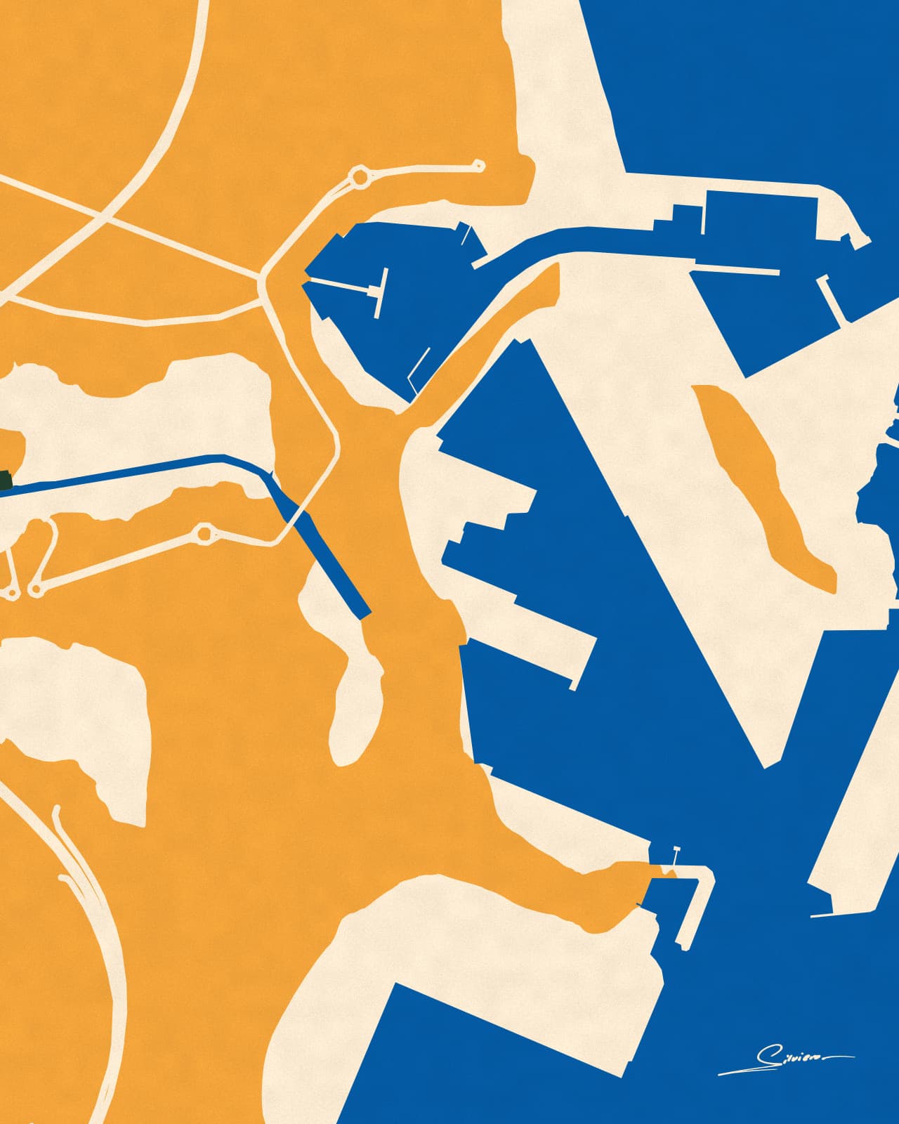 Valencia’s port basins in cobalt against mustard and cream land