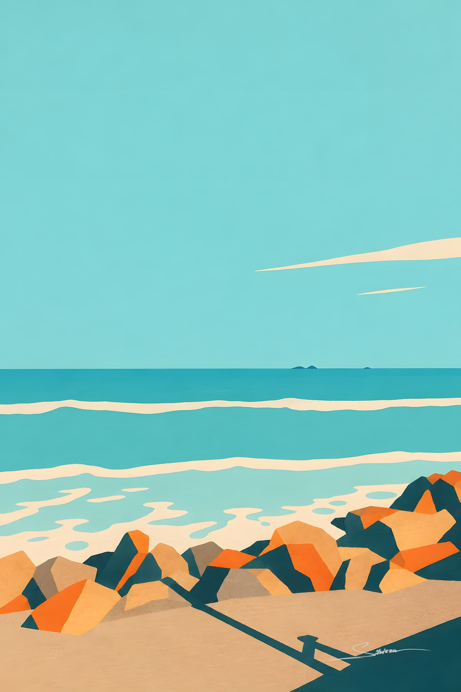 A flat painting of a turquoise sea and sky above a breakwater of orange and dark rocks, white waves rolling in from the horizon
