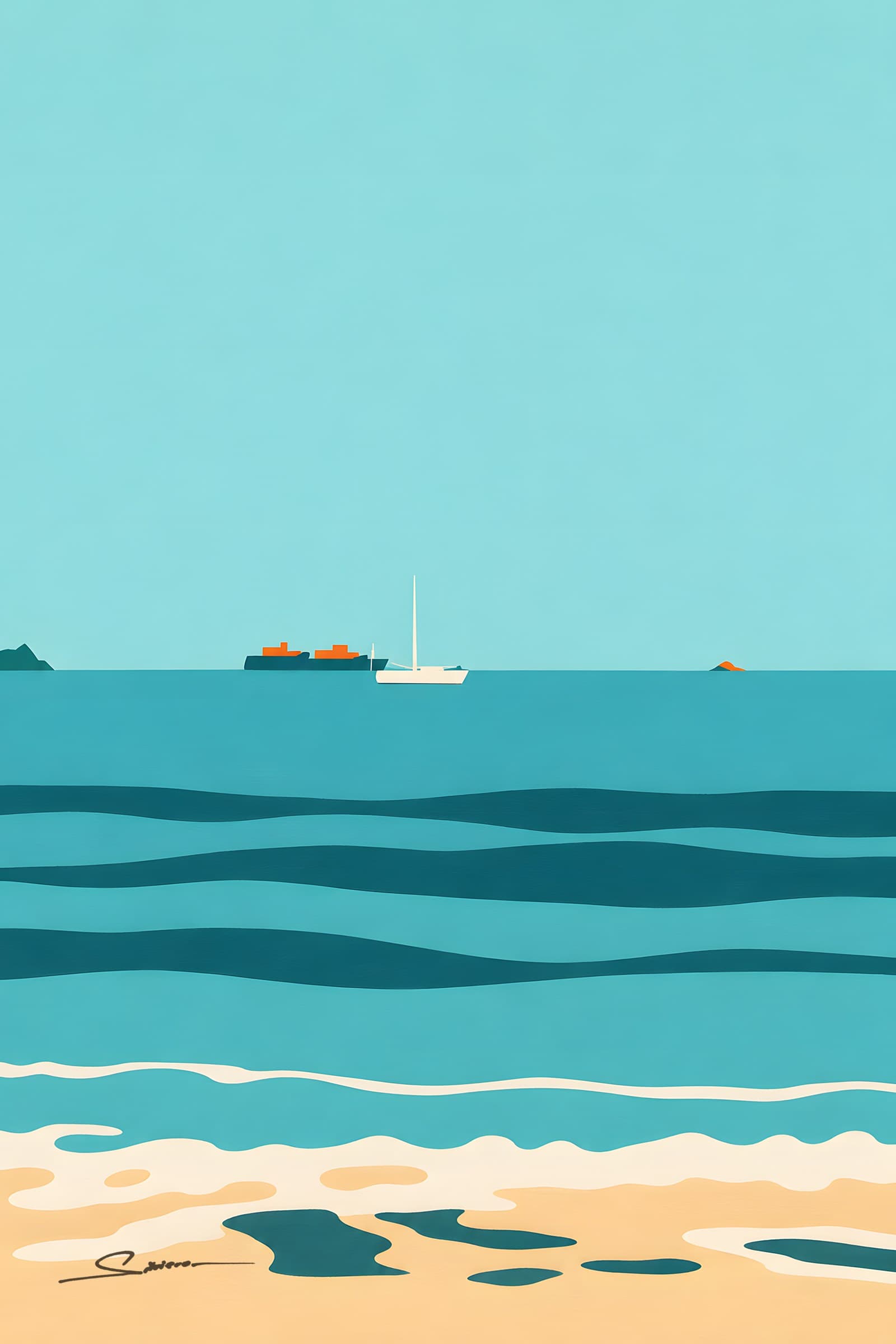 A flat painting of a turquoise sea in bands of colour breaking on a pale beach, a cargo ship and a white sailboat on the horizon