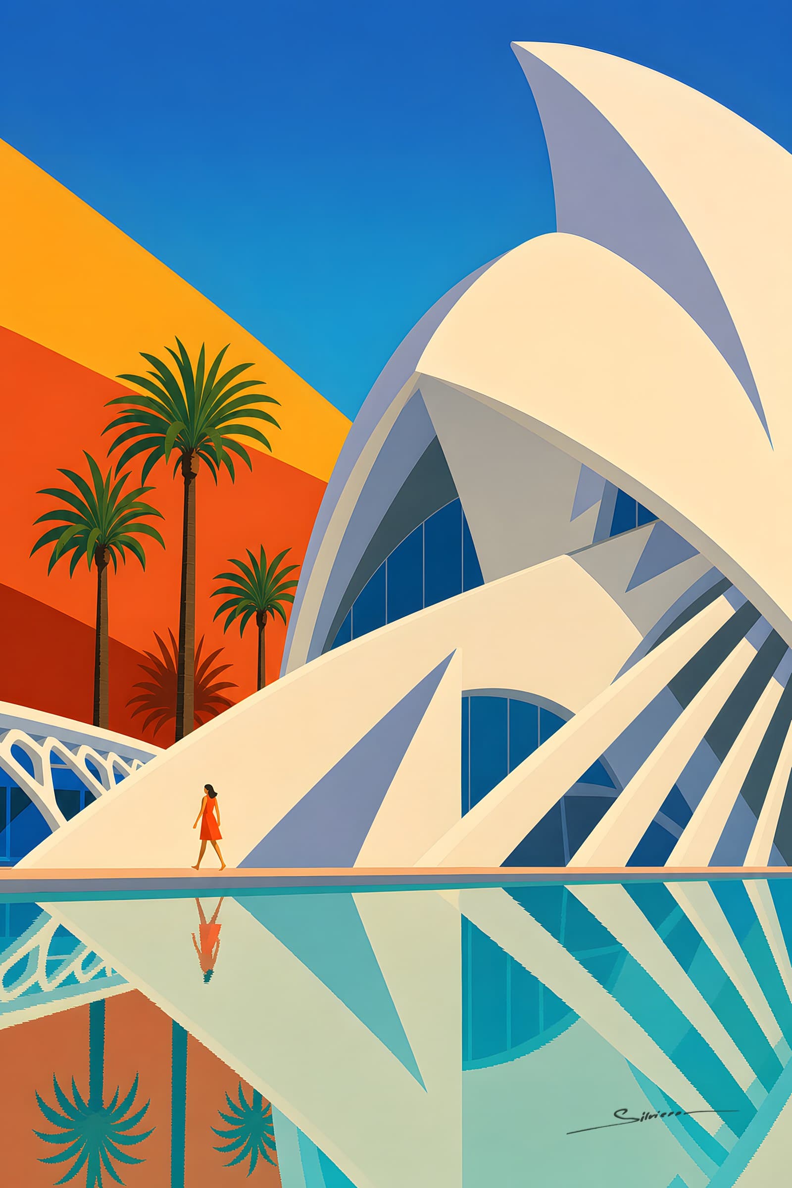 Valencia’s City of Arts and Sciences reflected in water, a small figure in red walking across