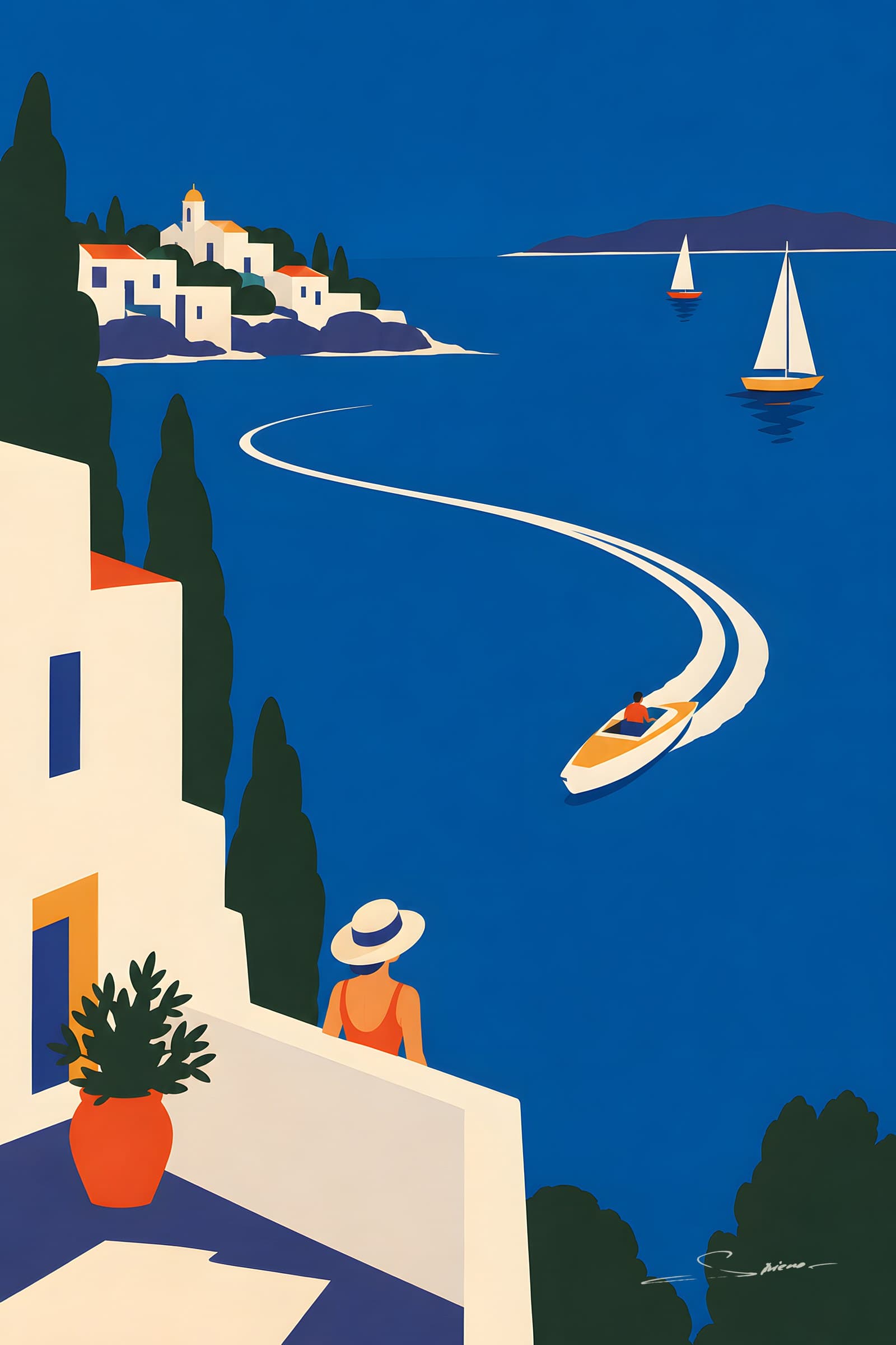 A flat painting of a speedboat drawing a long white curve across a deep blue sea, a white village on a headland and a woman in a sun hat watching from a terrace