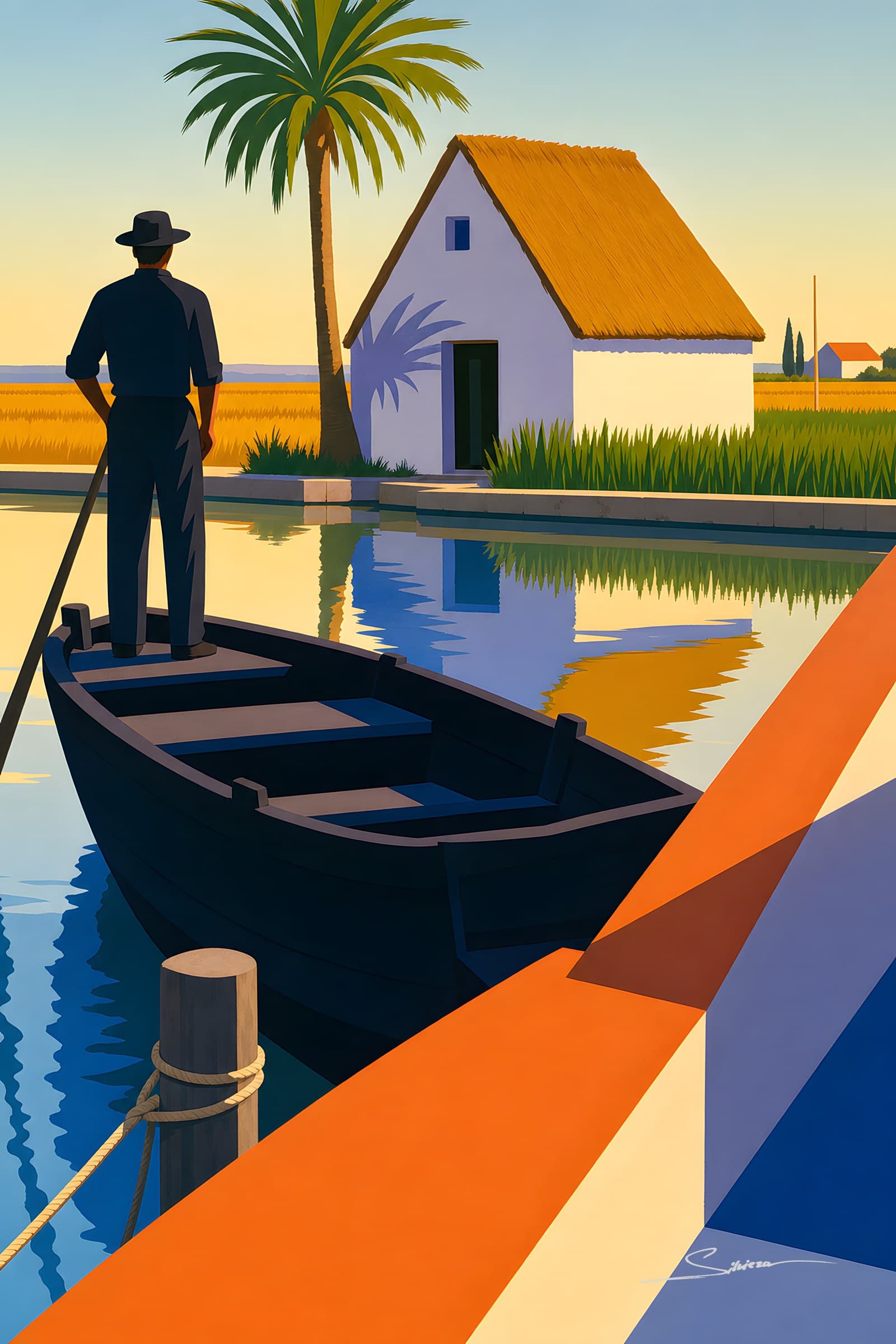 A boatman standing in a flat boat on the Albufera lagoon beside a whitewashed barraca