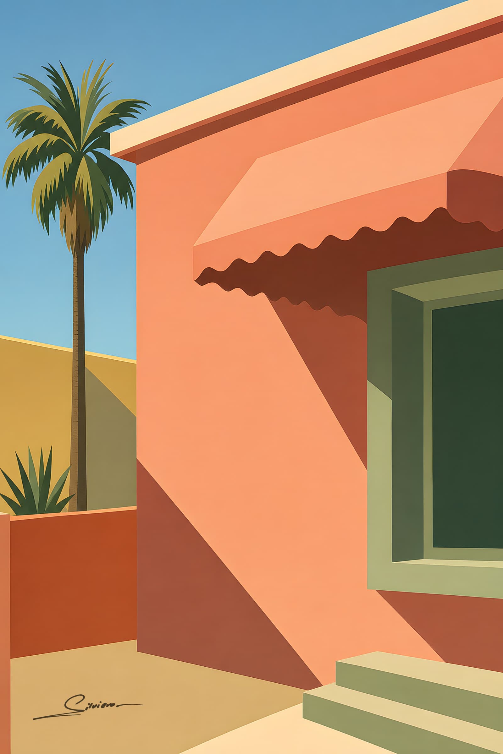 A pink stucco house with a scalloped awning, a palm tree and a green window