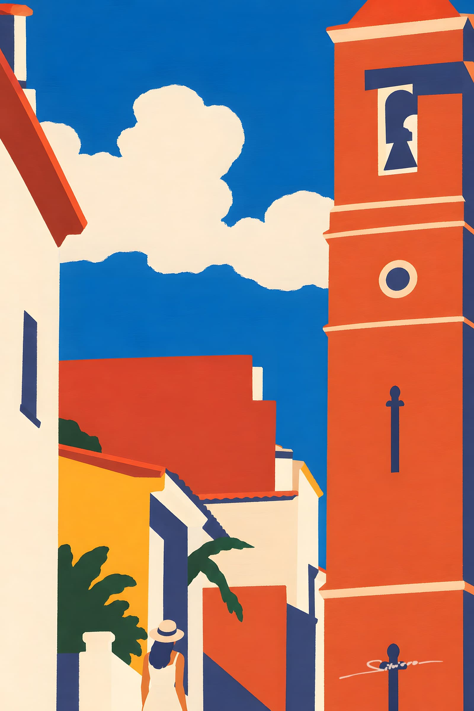 A flat painting of a terracotta bell tower beside whitewashed and yellow houses under a deep blue sky with one white cloud, a figure in a sun hat at the bottom