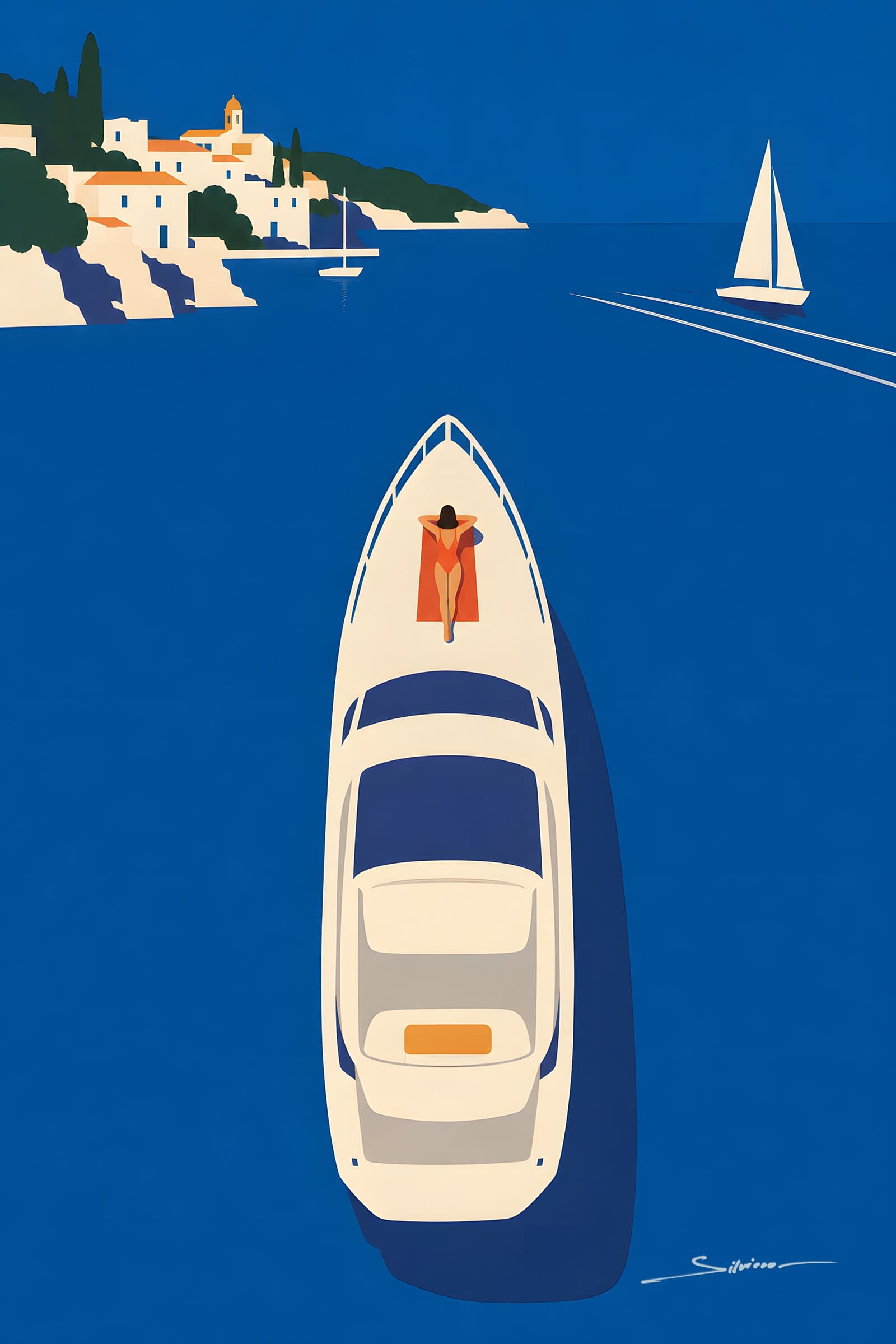 A flat painting of a white yacht seen from directly above on a deep blue sea, a sunbather on the bow, a white village and a sailboat in the distance