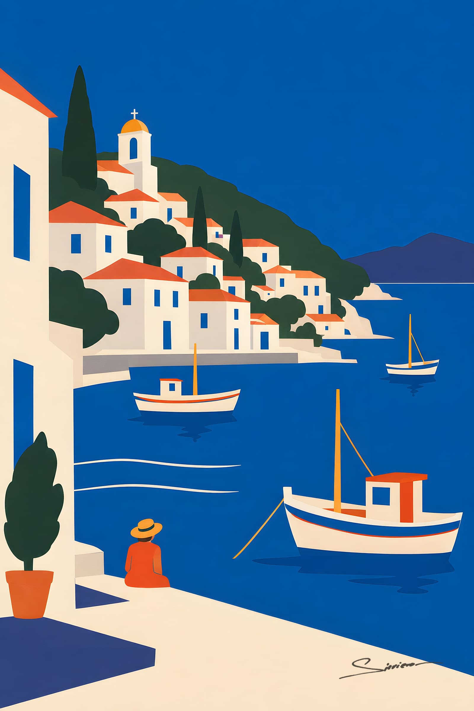 A flat painting of a whitewashed harbour town with blue domes above a deep blue bay, small fishing boats and a woman in a sun hat sitting on a terrace