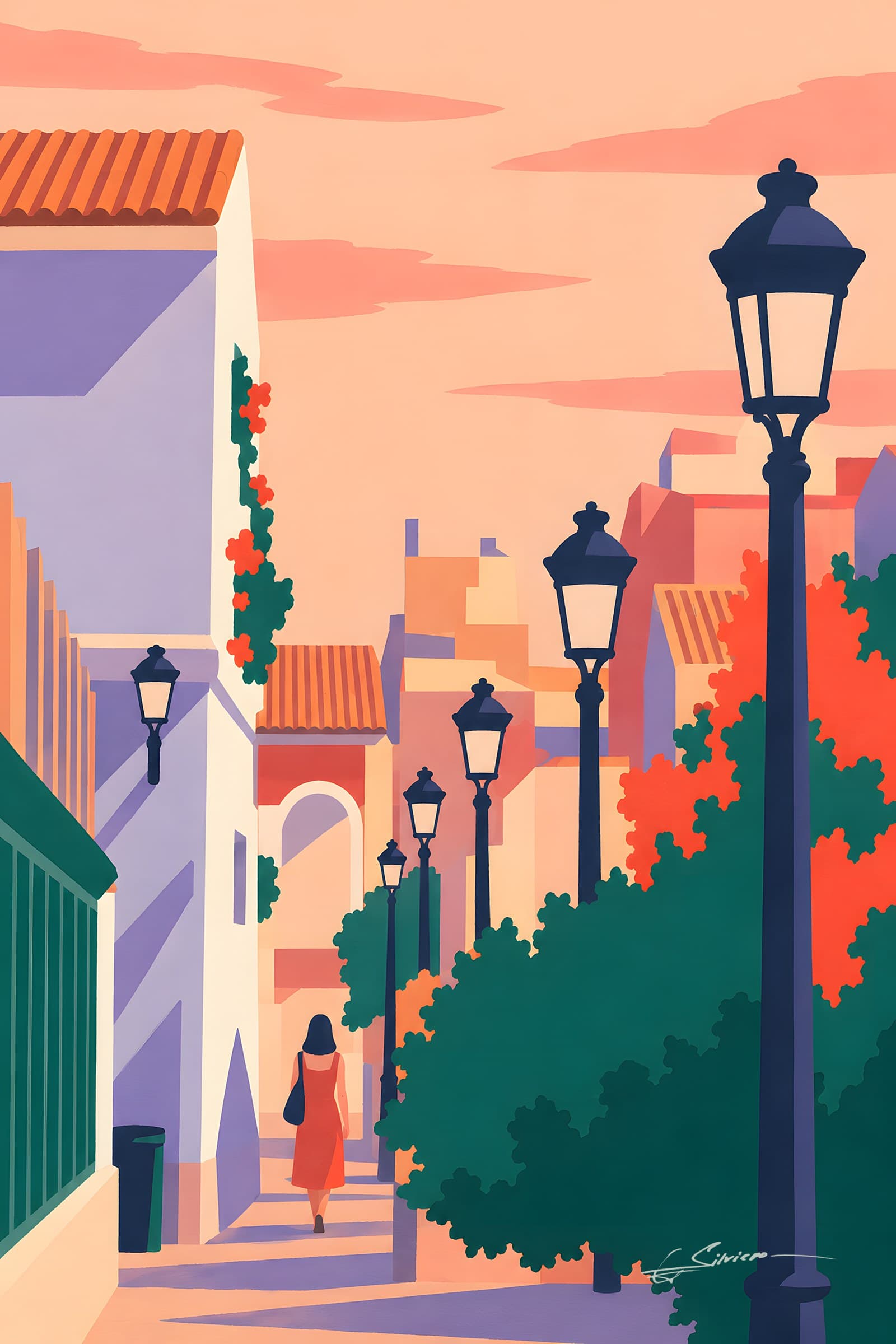 A flat painting of a narrow street lined with black iron lamps under a pink evening sky, white walls, a bush of red flowers and a woman walking away