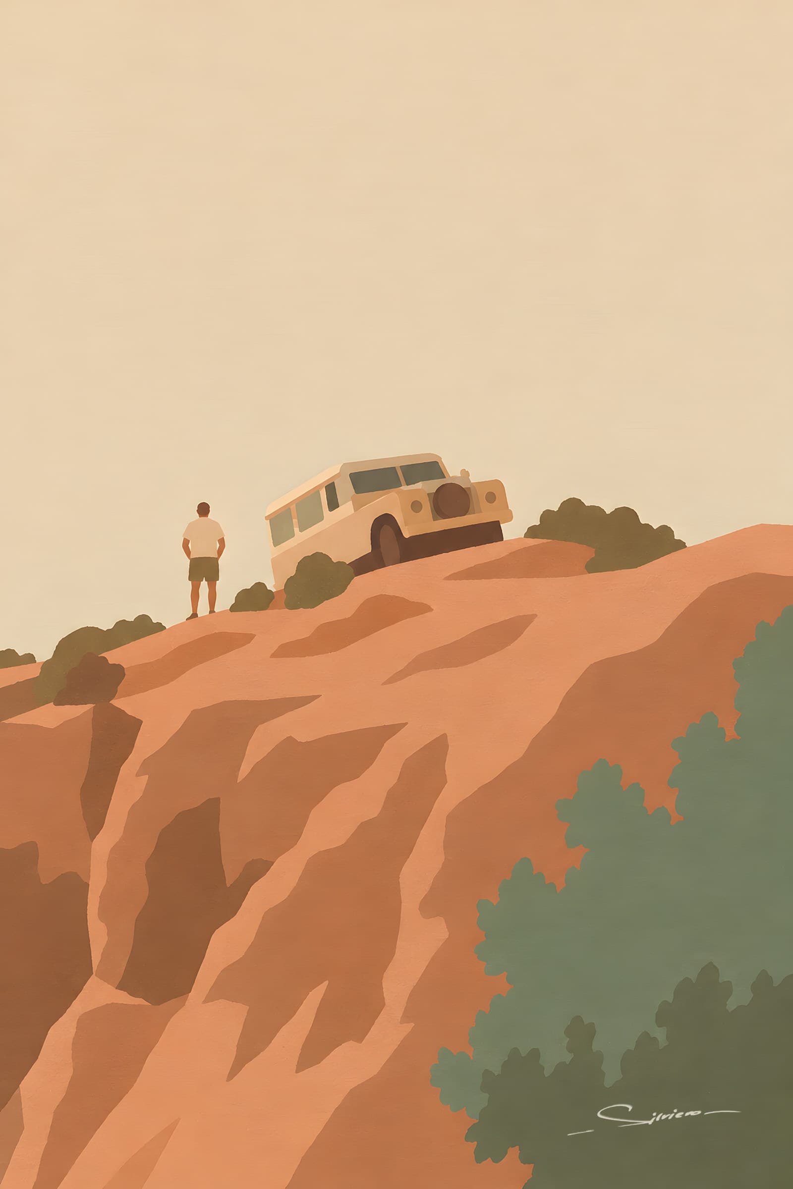 A flat painting in sand and ochre of a rocky clifftop with an old off-road car parked at the edge and a man standing beside it looking out