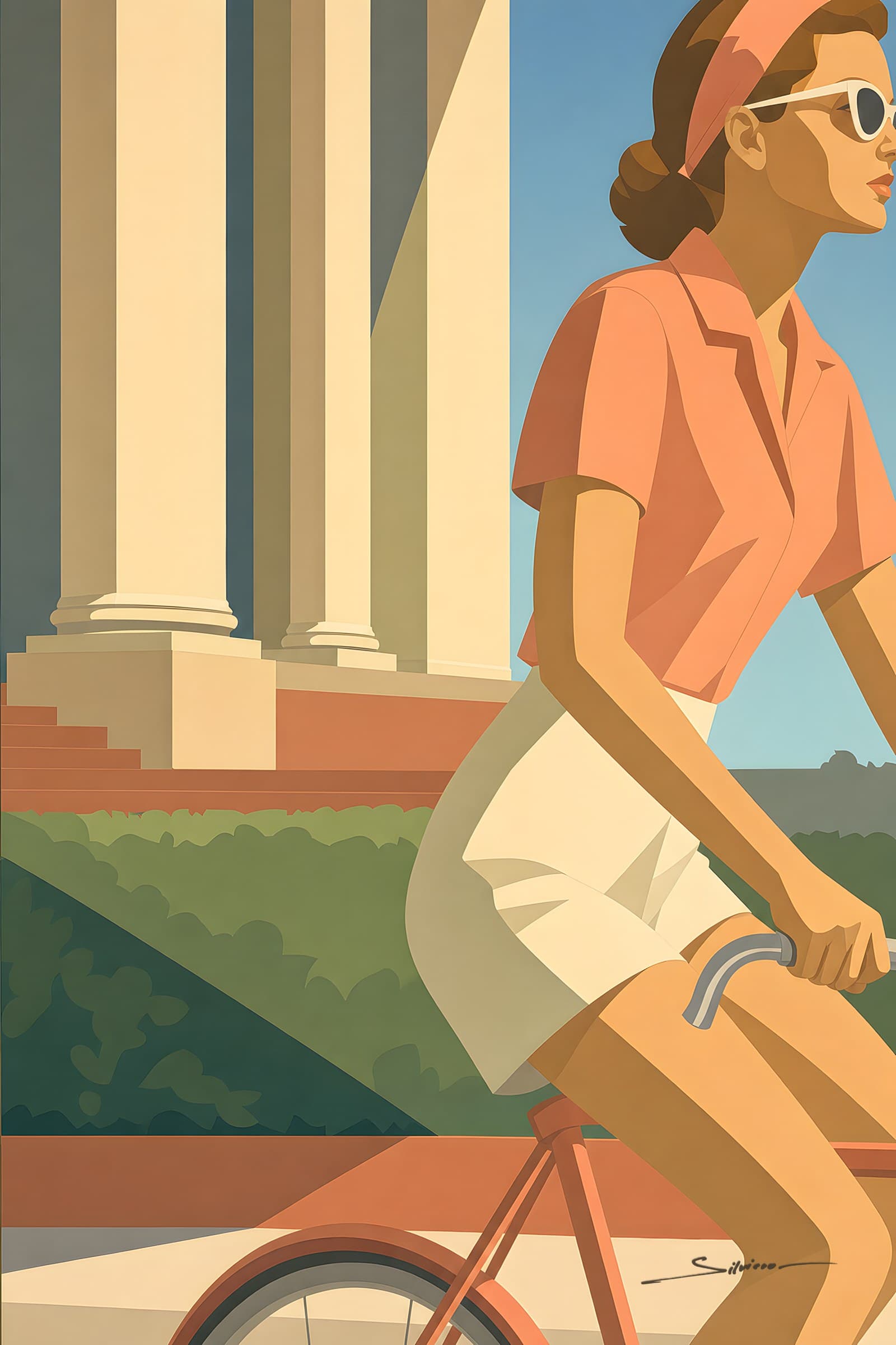 A woman in sunglasses cycling past classical columns and clipped hedges