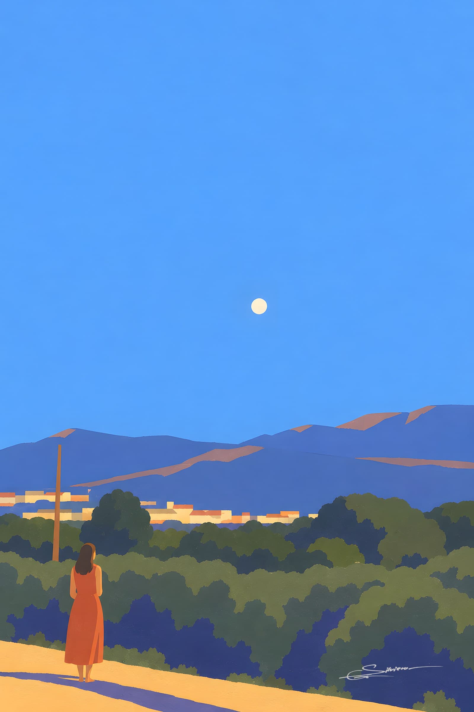 A flat painting of a pale full moon in a clear blue afternoon sky over violet hills and dark green scrub, a woman in an orange dress standing on a path