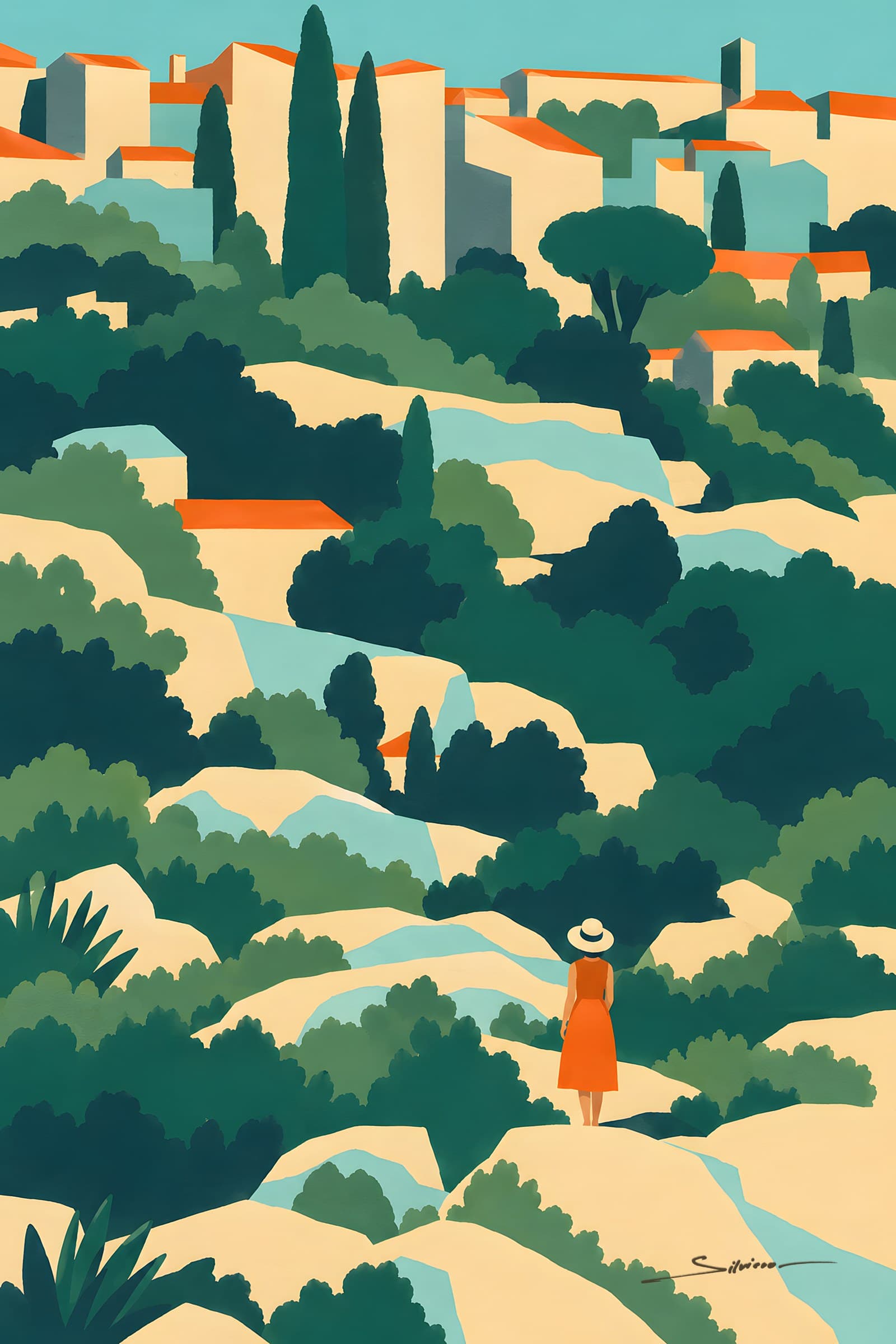 A flat painting of a pale rocky hillside with dark green bushes and cypresses, a woman in an orange dress and a white hat walking down towards the town below