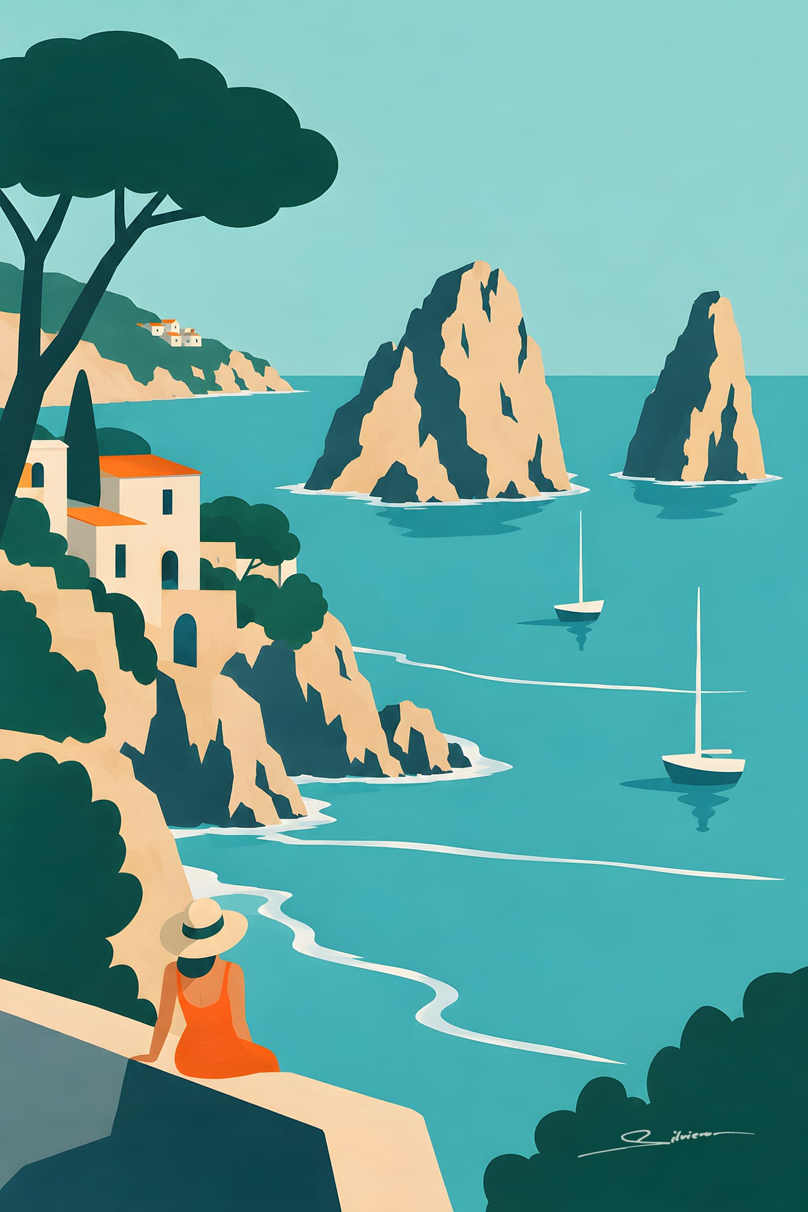 A flat painting of a rocky Mediterranean cove with sea stacks in turquoise water, umbrella pines, a white house and a woman in a sun hat sitting on a ledge