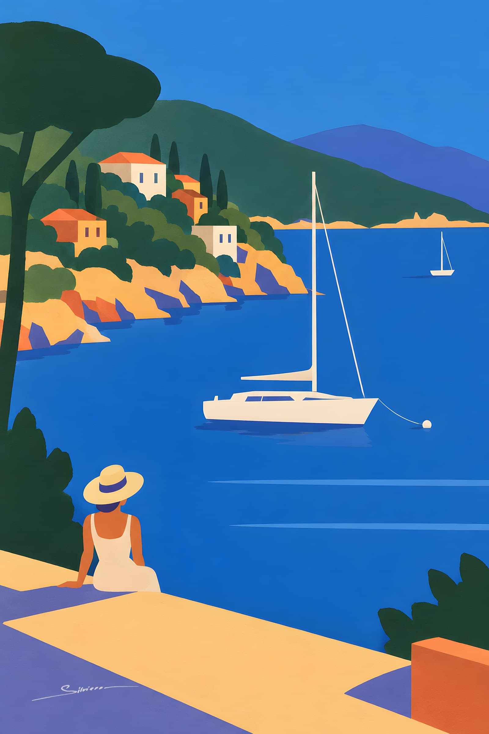 A flat painting of a white sailboat anchored in a calm blue cove below green hills and a small village, a woman in a sun hat sitting on a terrace in the foreground