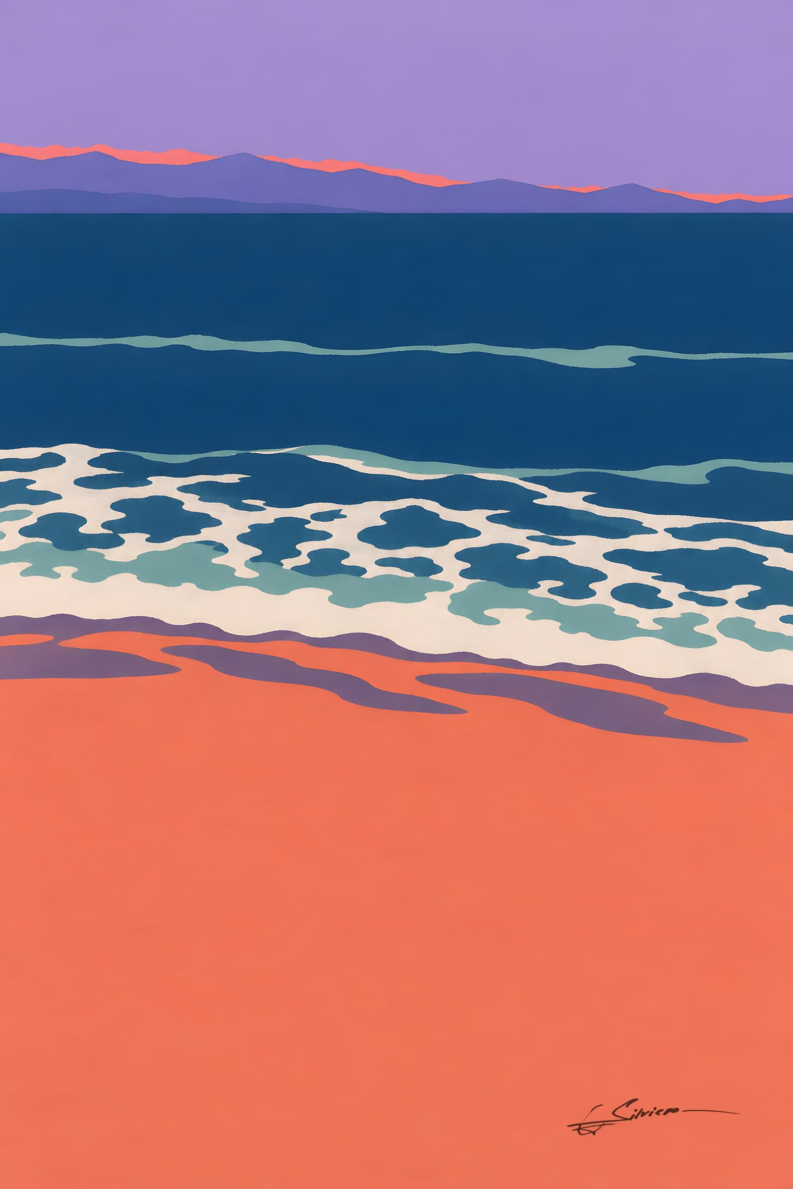 A flat painting of a beach at dusk, foam on deep navy water, coral sand, a lavender sky and violet mountains on the horizon