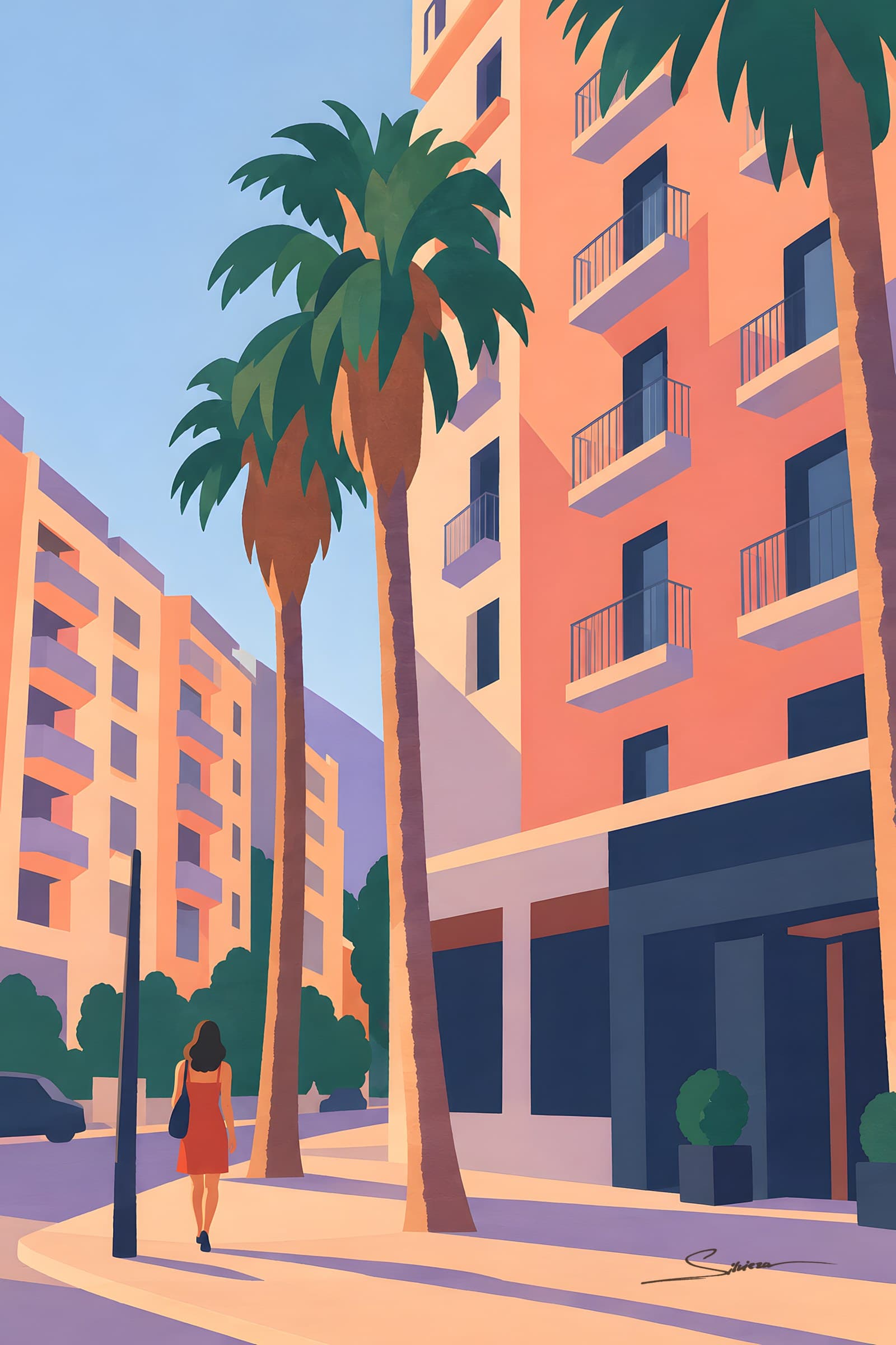 A flat painting of a pink apartment block and tall palms over a pale pavement, a woman in a red dress walking away along long violet shadows